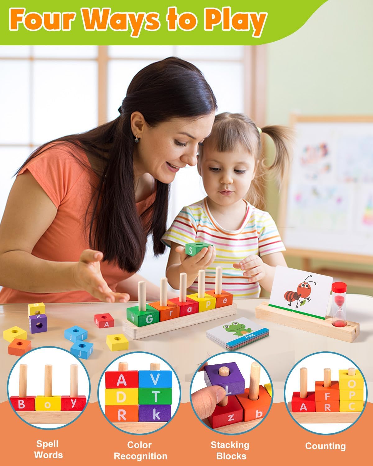 Fidtoy Wooden Word Pillar Spelling Game – Montessori Educational Toy for Kids 3+