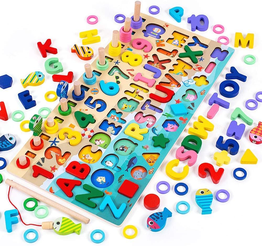 Speedy Panther Wooden Number Alphabet Puzzle Sorting Montessori Toys for Toddlers Shape Counting Game for Age 3 4 5 Year olds Kids - Preschool Education Math Stacking Blocks Learning Toy
