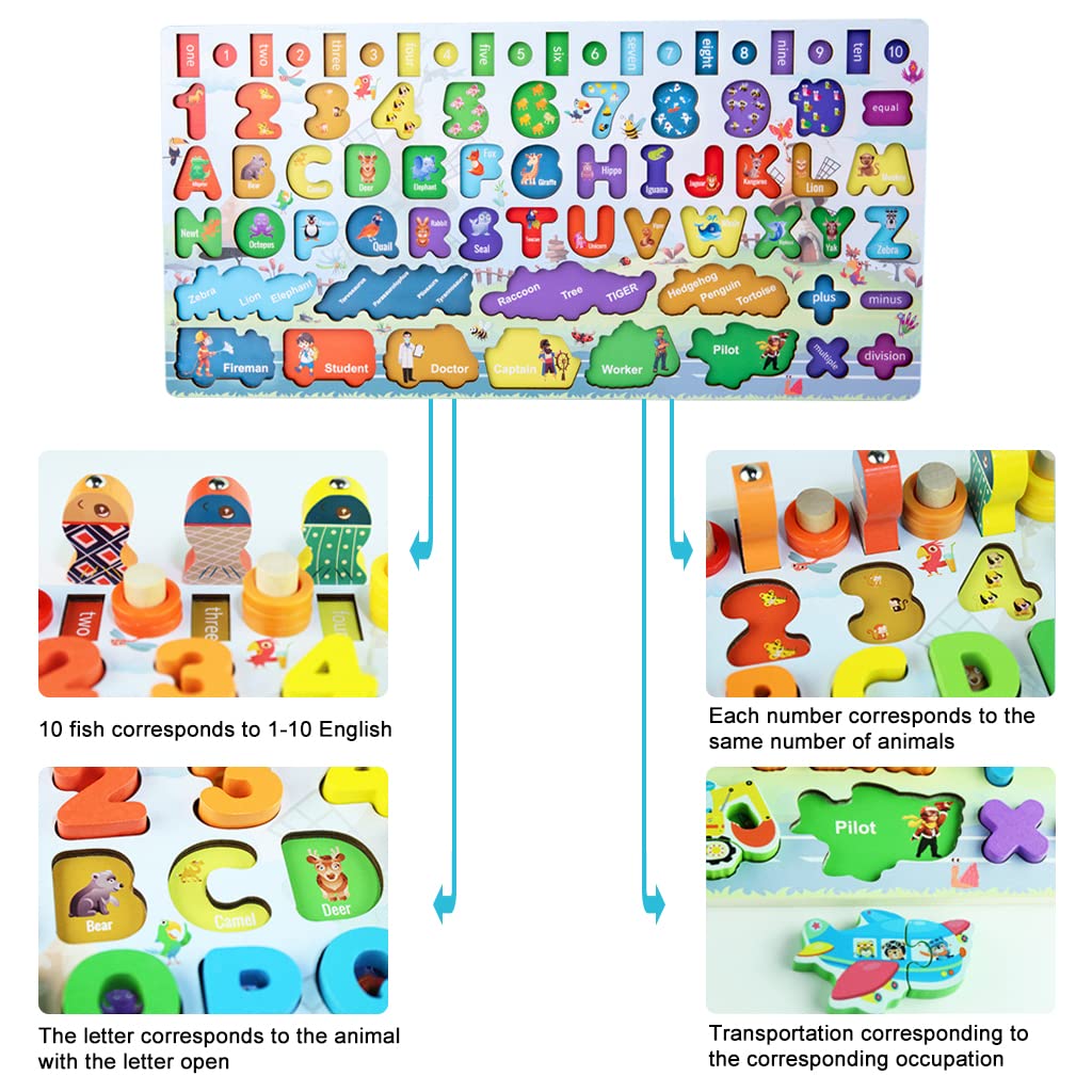PATPAT® Wooden Number Puzzles for Kids, Fishing Game Educational Toys for Babies Montessori Toys for Toddlers Number Vehicles Fruits Animals Sorter Game for 1-5 Year Toddlers