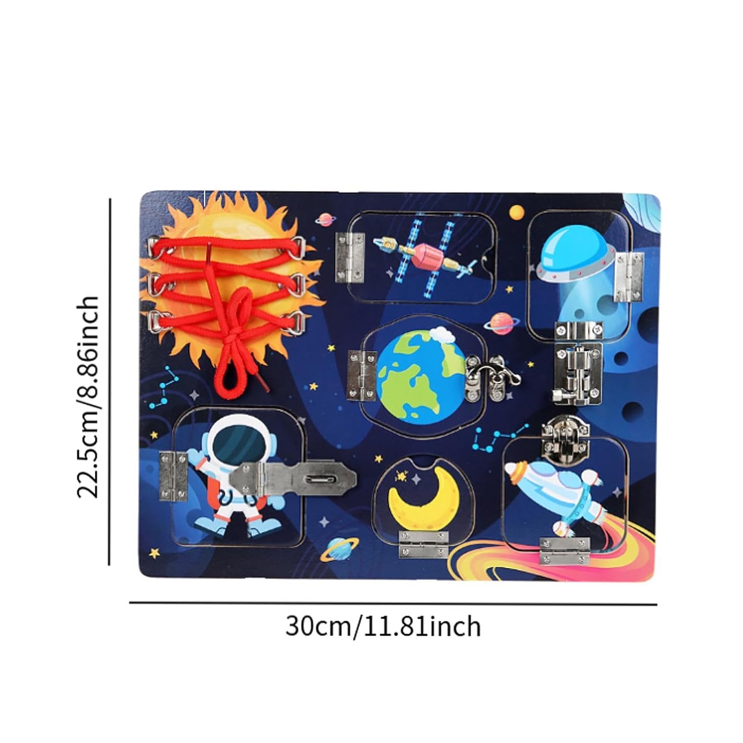 Click to see full view ATORSE Wood Busy Board Sensory Activity Board for Boys Girls Children Birthday Gift Space