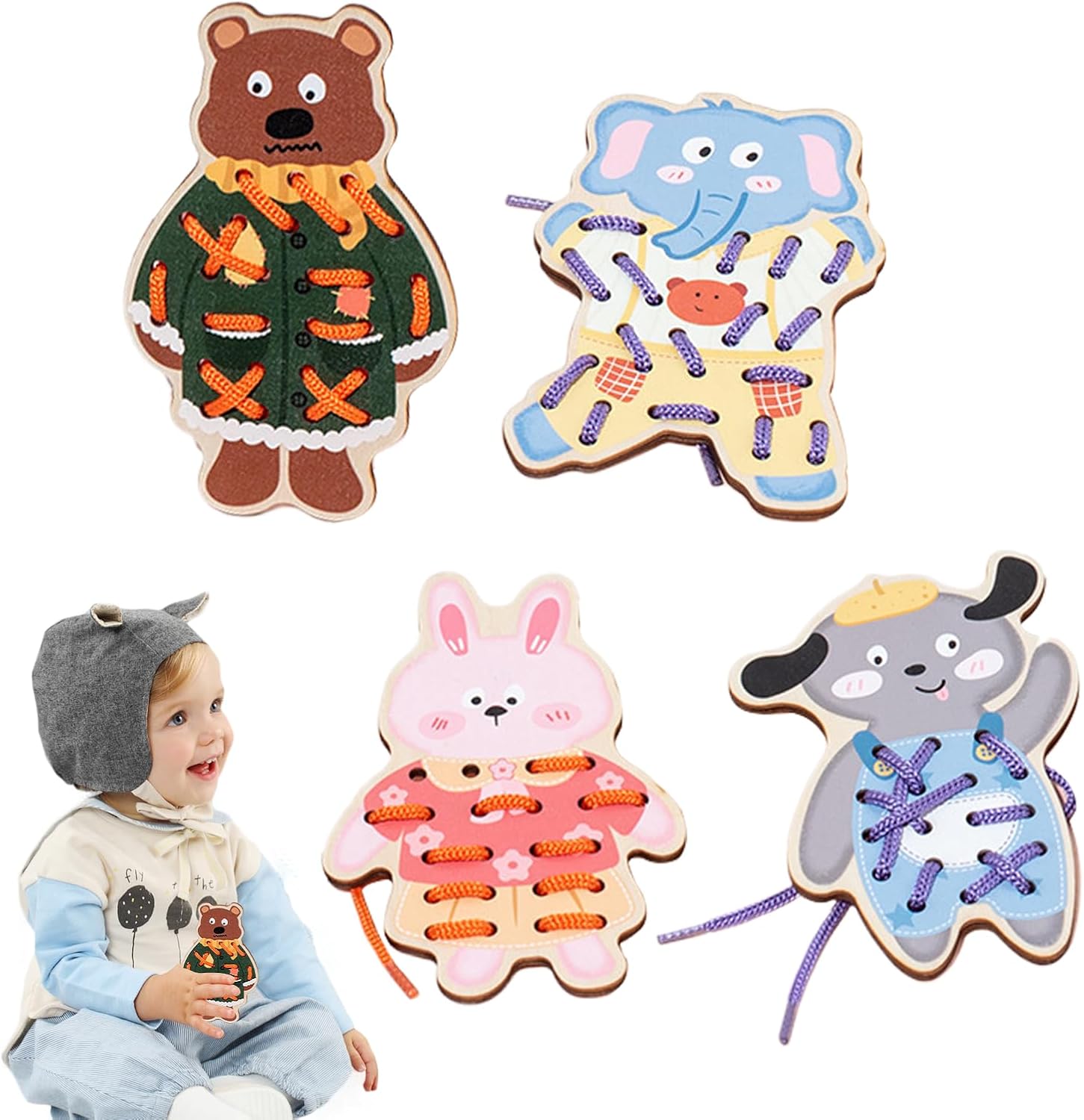 Shoelace Cards, Toddler Sewing Kit | Learn to sew wooden shoelace animals,Fine Motor Skills Toys, Board Games, Road Trip Toys, Practice