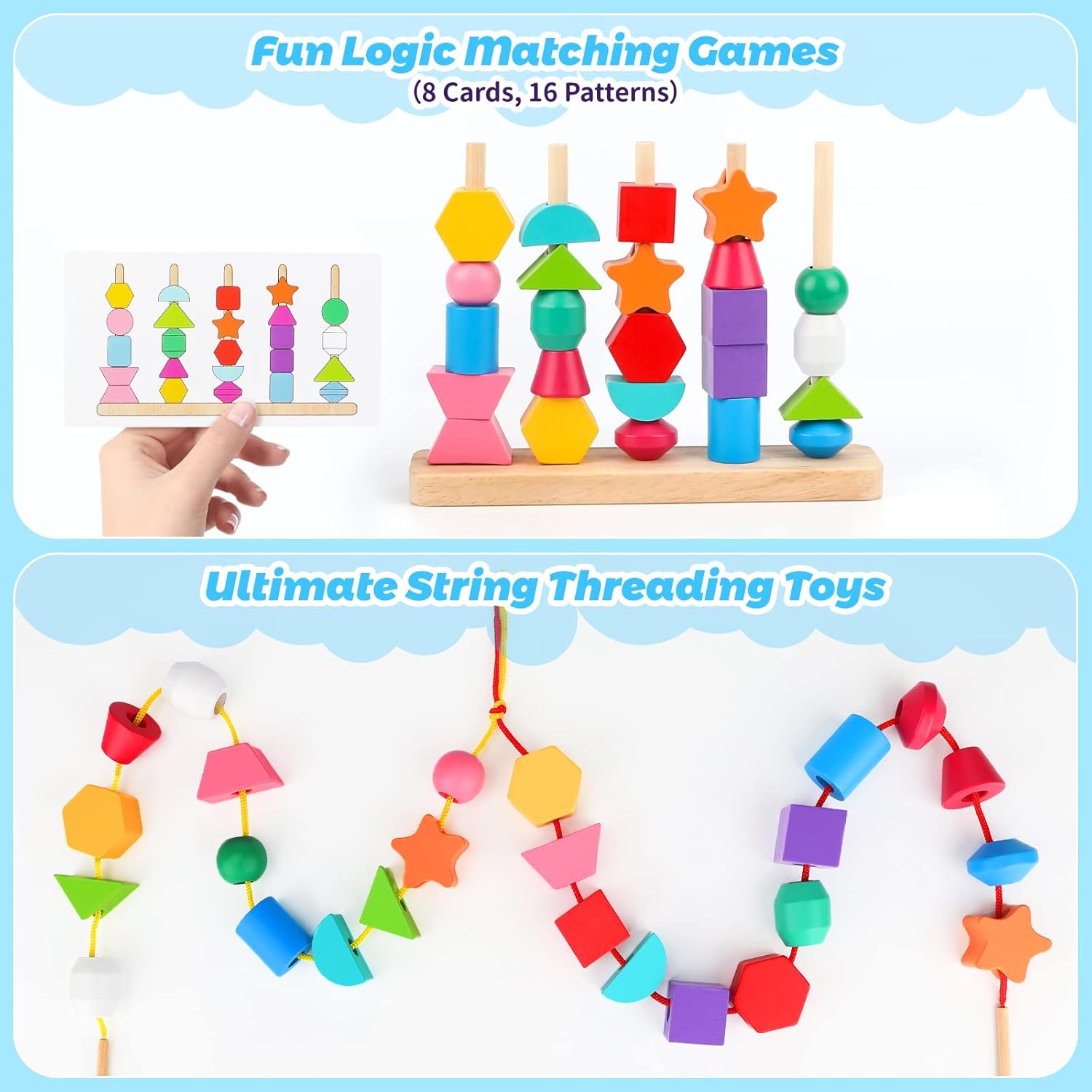 Fidtoy Wooden Blocks and Beads Learning Toy for Toddlers