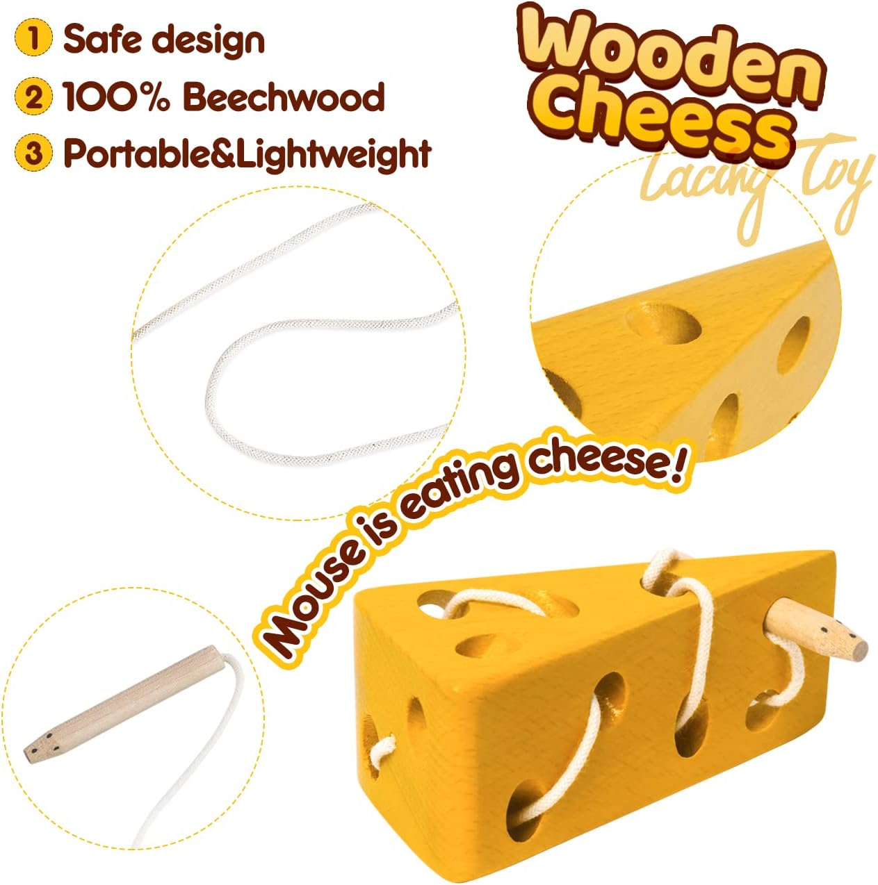 USATDD Wooden Lacing Cheese Fine Motor Skills Threading Toys, Airplane Car Travel Game Montessori Cognition Preschool Puzzle Gift for 3+ Years Old Toddlers Baby Kids
