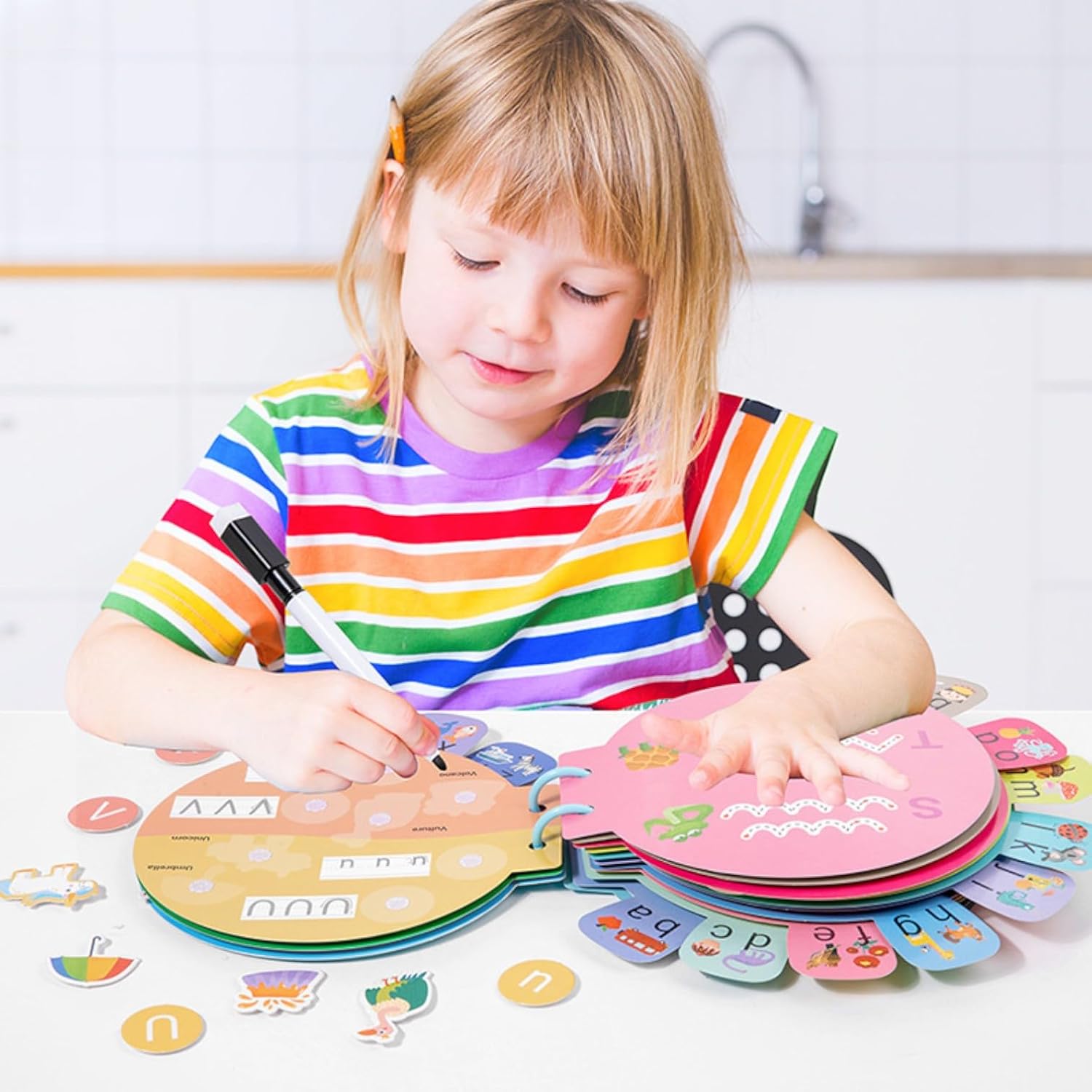 Roux & Rattle – Montessori Educational Busy Book for Kids with Alphabet, Numbers, Matching Cards, Velcro Tasks and Soft Interactive Early Learning Activity Pages for Toddlers and Preschool Children