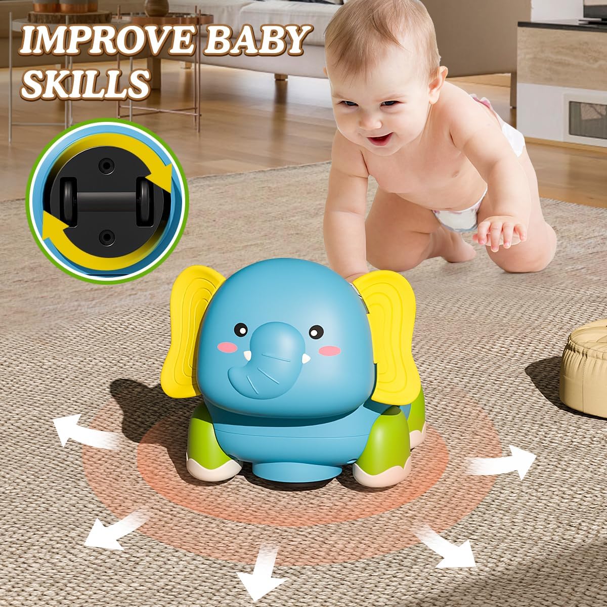 Fidtoy Musical Crawling Elephant Baby Toy with Lights, Lullabies & Star Projector for Toddlers