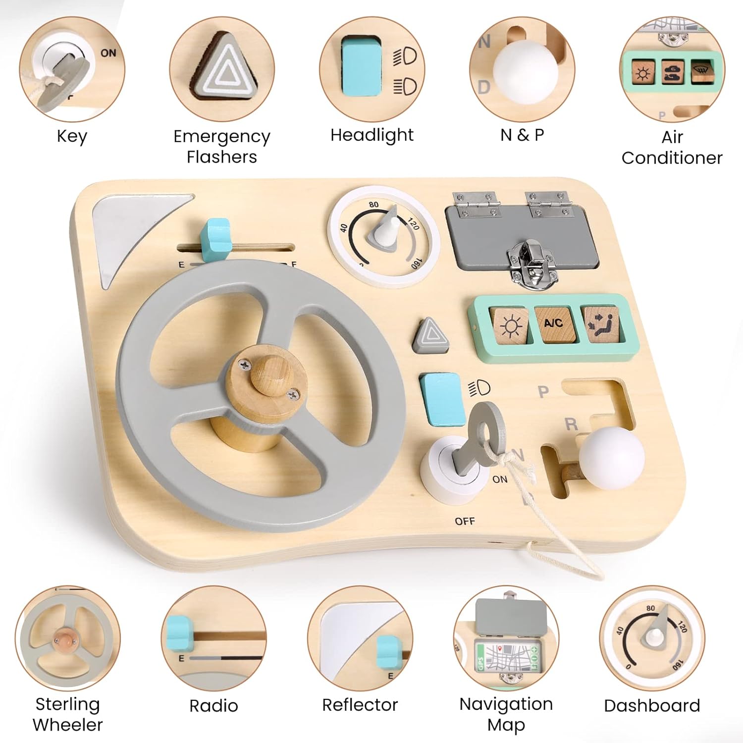 Woodtoe Busy Board for Toddlers, Montessori Steering Wheel Driving Toy, Wooden Sensory Toys, Preschool Learning Activities for Fine Motor Skills Travel, Educational Learning Toy for Kids 3-6 Years Old