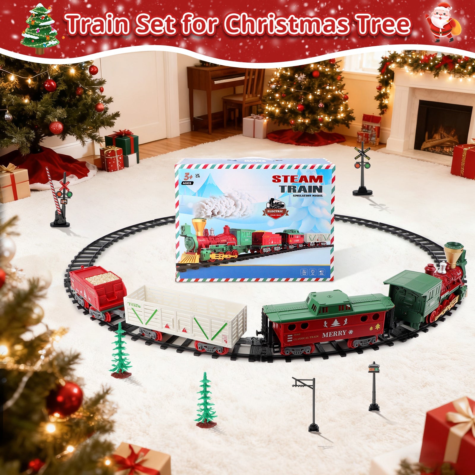 Electric Steam Train Set with Real Smoke, Lights and Sounds Classic Railway Track Toy for Kids Christmas Train Set Gift for Boys & Girls Age 3+