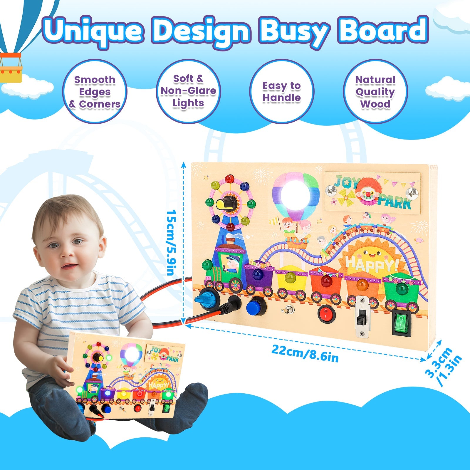 Montessori Wooden Busy Board -Light-Up Sensory Activity Toy for Toddlers, Fine Motor Skills Learning Toy for Ages 1-4, Travel-Friendly Fidget Board for Boys & Girls