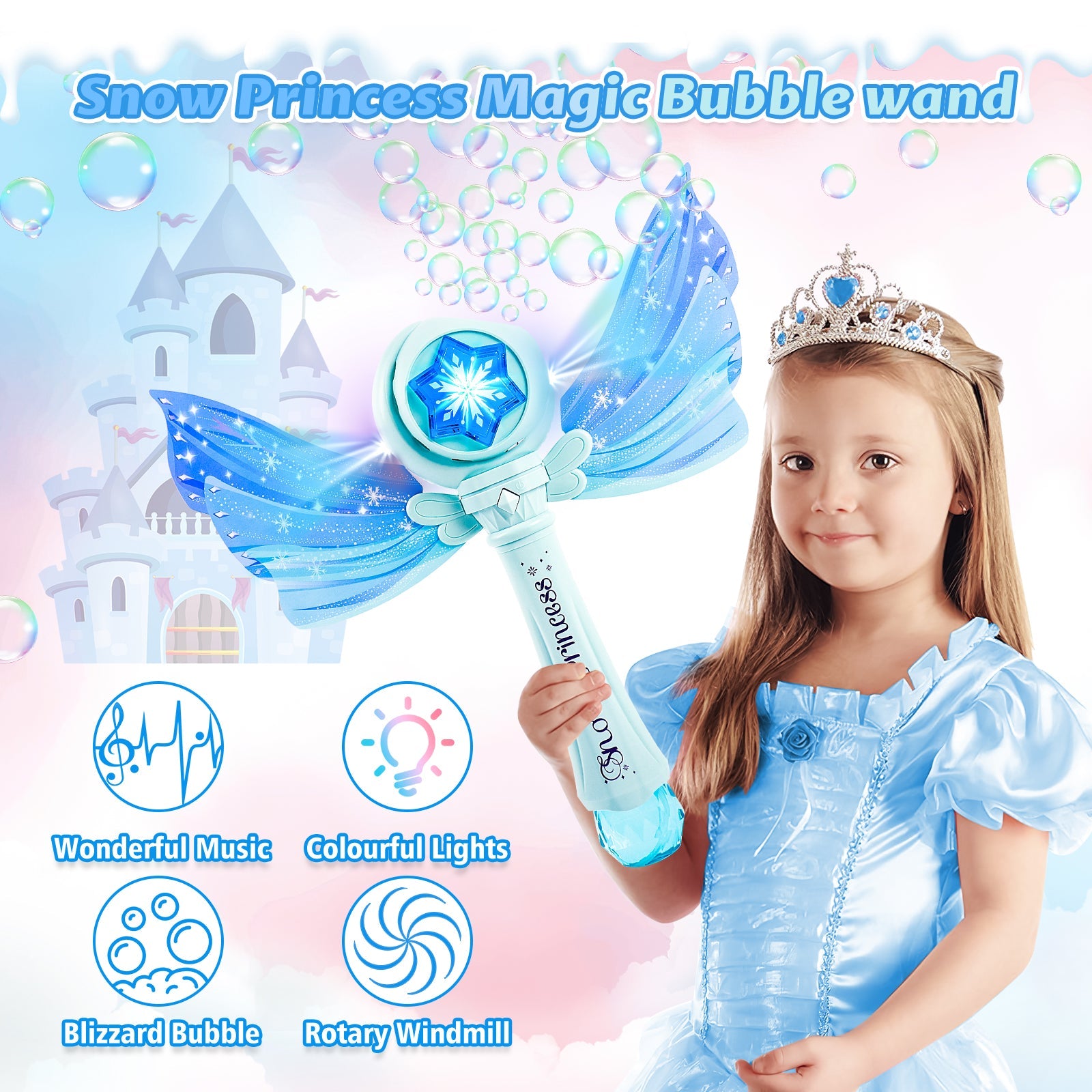 Magical Princess Bubble Wand with Wings Automatic Bubble Machine for Kids with Music Lights Indoor Outdoor Garden Adorable Toy for Kids