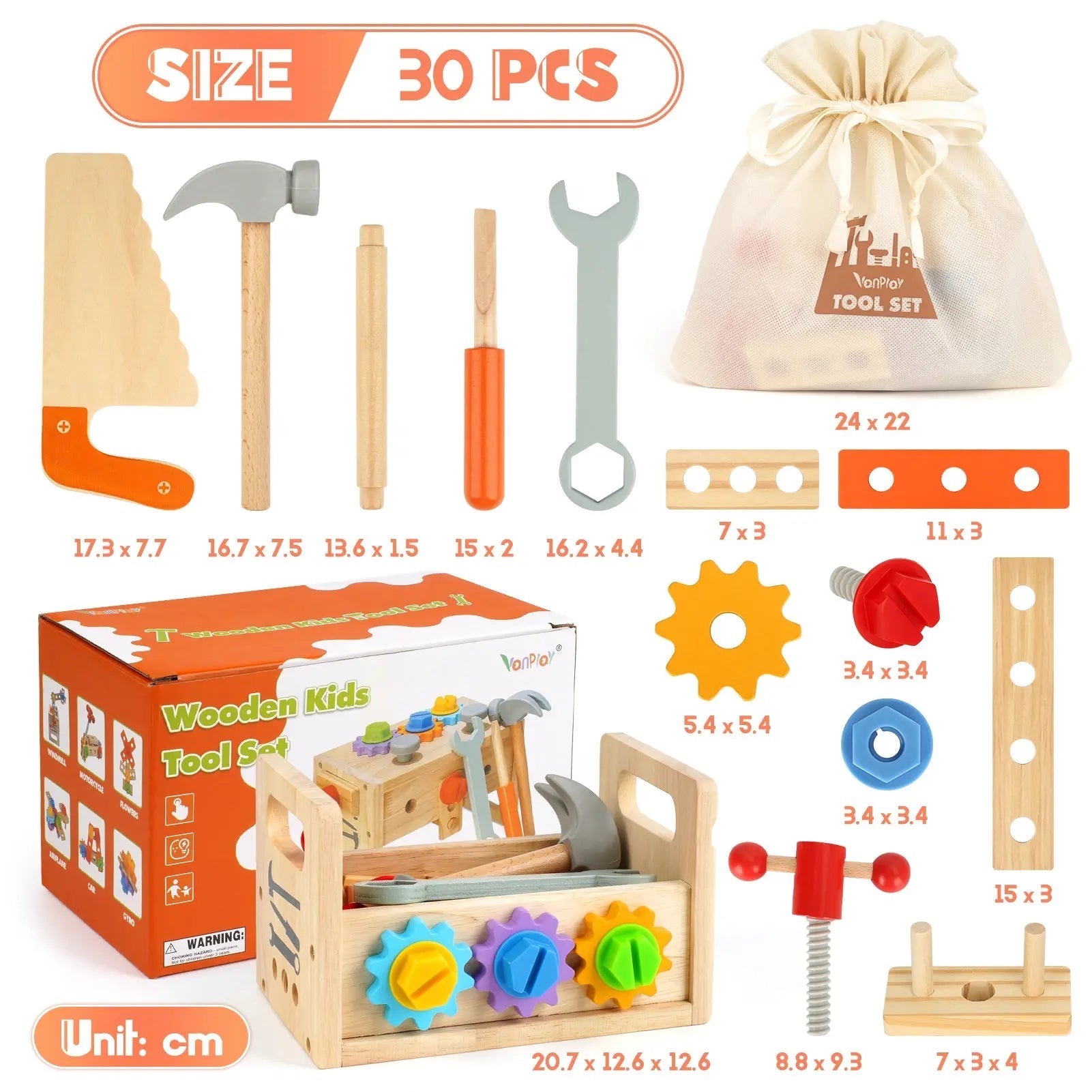 Fidtoy Ensemble d'Outils en Bois pour Enfants, 30 Pièces, Jouet de Construction Imitation pour Tout-Petits