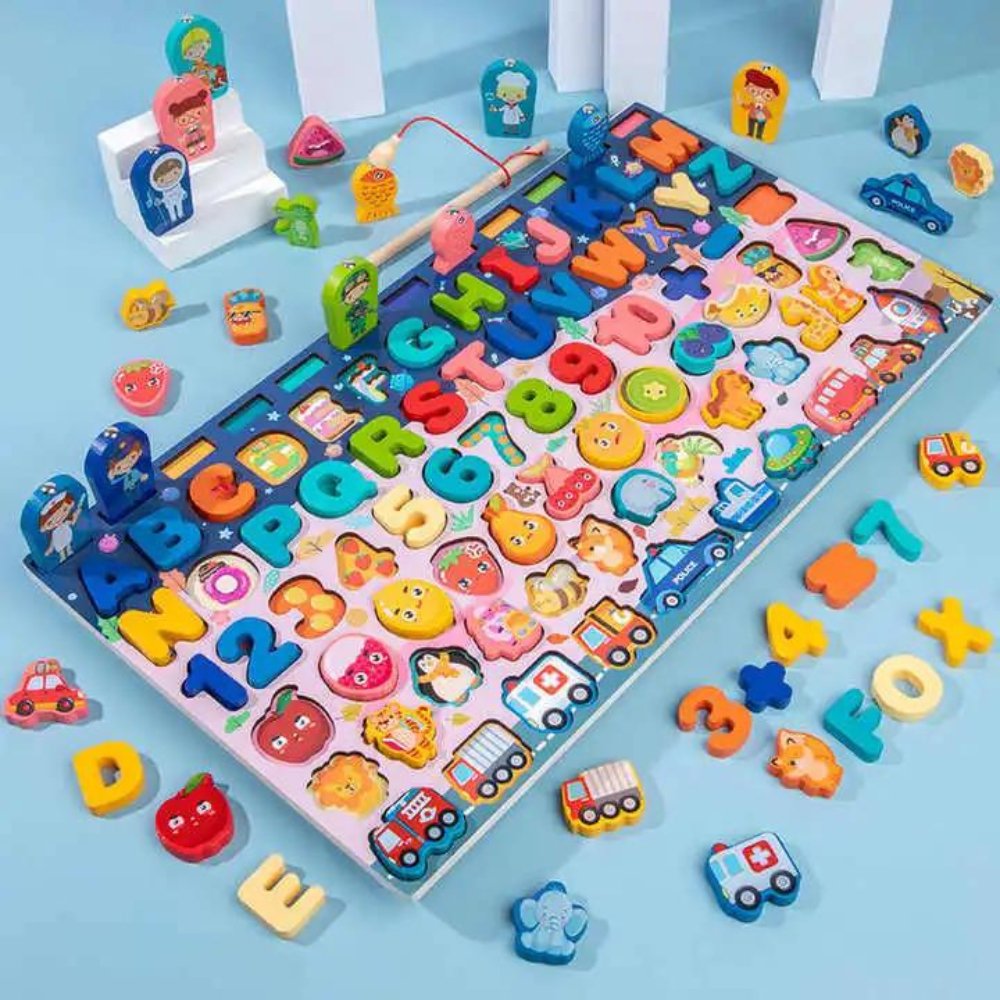 8 in 1 Traffic Matching Board | Wooden development board, Eight in One activities in one set, counting numbers, fishing, inserting poles, learning shapes, letters, wooden toys, children's toys