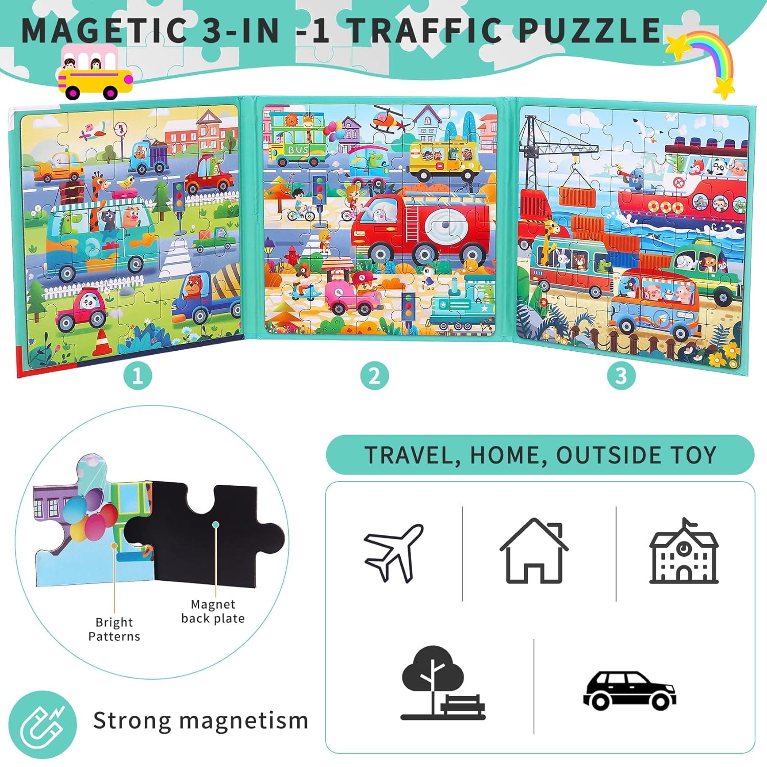 CCBLZLL Magnetic Puzzles for Toddlers 3-5 - 97 Pieces Magnet Puzzle for Kids Ages 4-8 Travel Puzzles for Kids Ages 3 Magnetic Jigsaw Puzzle Car Traffic Activities Toy for Boys And Girls Birthday Gifts