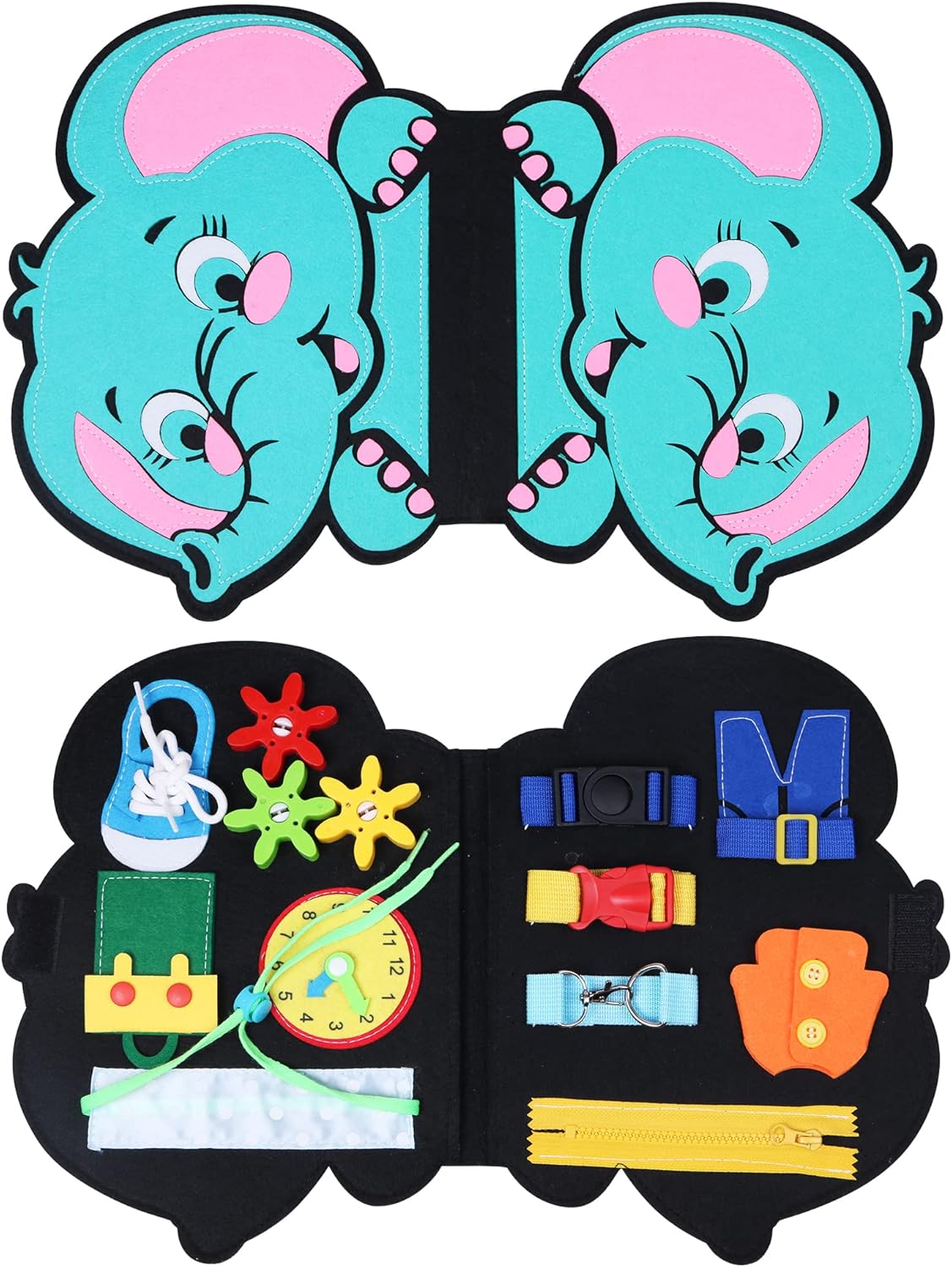 ALLABC Busy Board Montessori Juguetes para niños pequeños, juguete de tabla de actividades sensoriales de elefante, libro silencioso, aprendizaje educativo de viaje, desarrollo preescolar, habilidades motoras juguetes para niños y niñas (elefante)