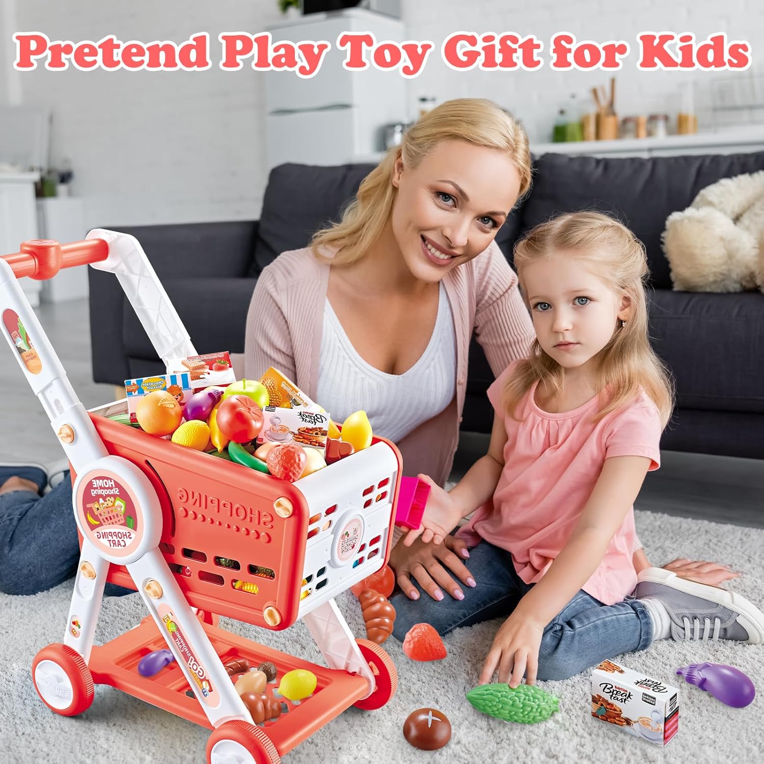 Fidtoy Kids Shopping Cart Toy Set with Pretend Food Accessories Adjustable Supermarket Role Play Cart for Toddlers