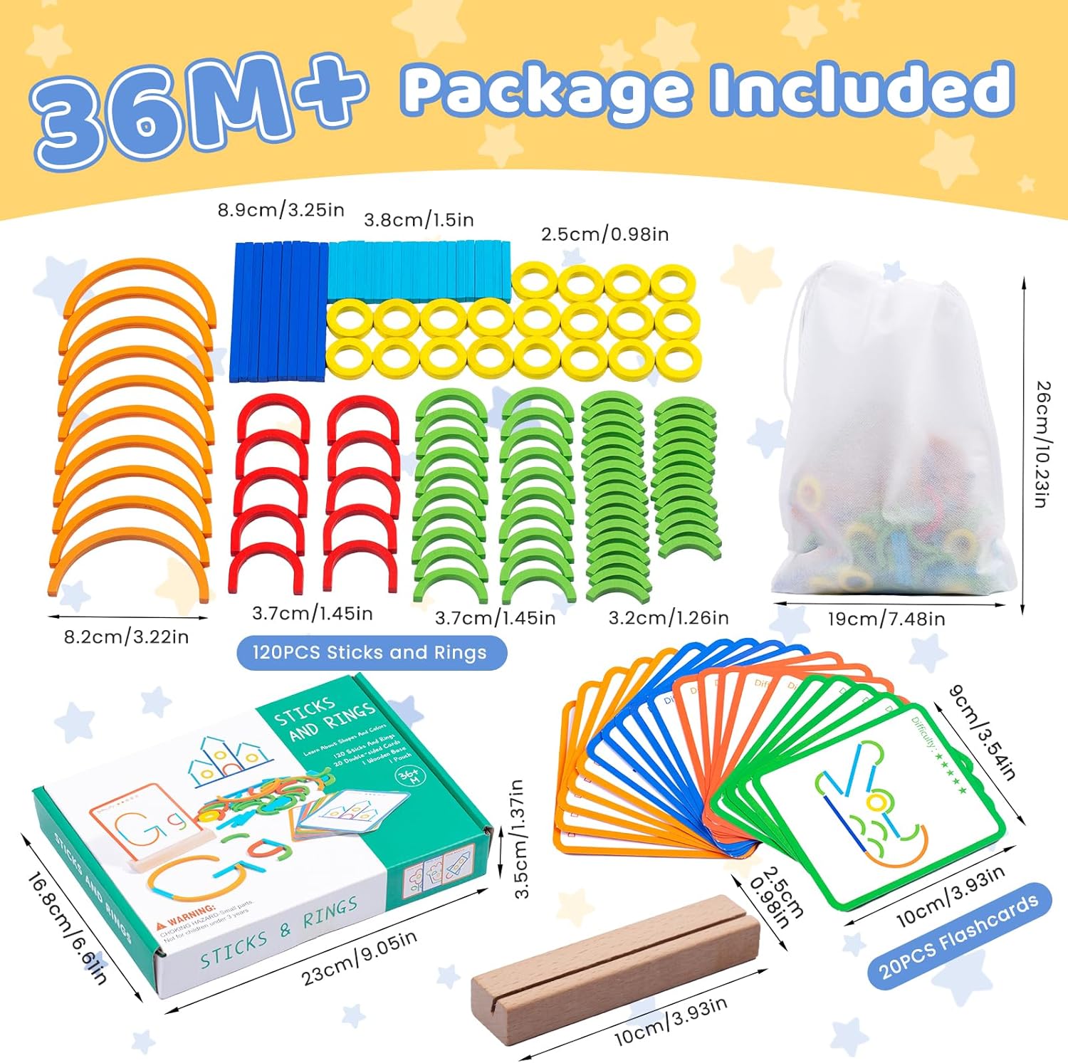 Fidtoy Bâtonnets en Bois et Anneaux Cartes de Casse-tête d'Association de Motifs Jouet Montessori de Mémoire et de Motricité Fine pour Enfants de 3 à 8 Ans