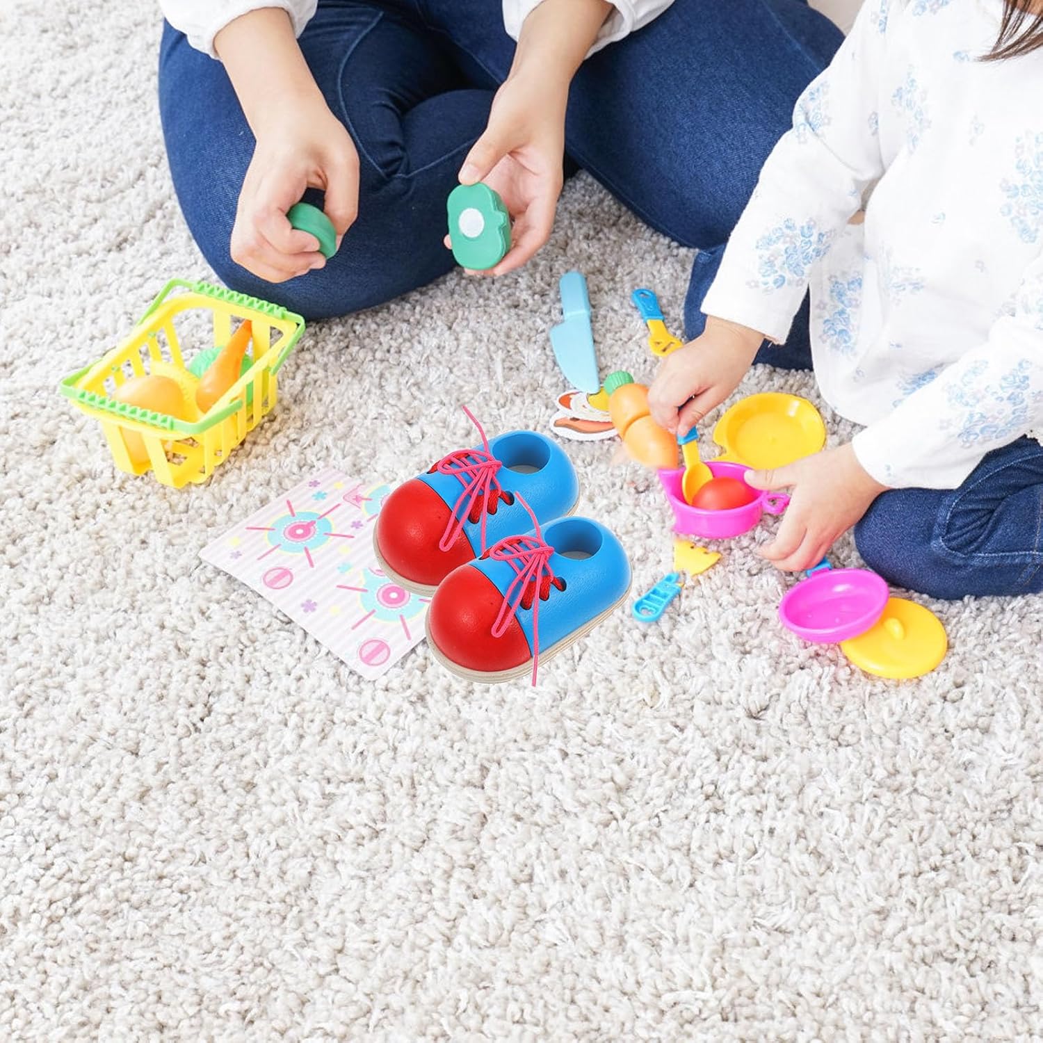 2pcs Wooden Lacing Shoe Toy Tie-up Shoelace Educational Plaything for Boy Girl Develop Fine Motor Skills and Hand-Eye Coordination Safe Natural for Ages