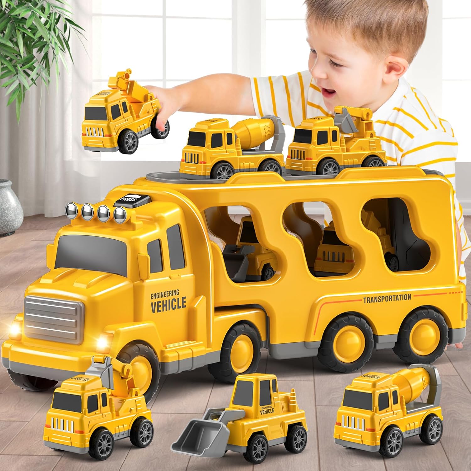 Fidtoy 5-in-1 Construction Truck Toy Set for Toddlers with Lights Sounds Excavator Bulldozer Crane
