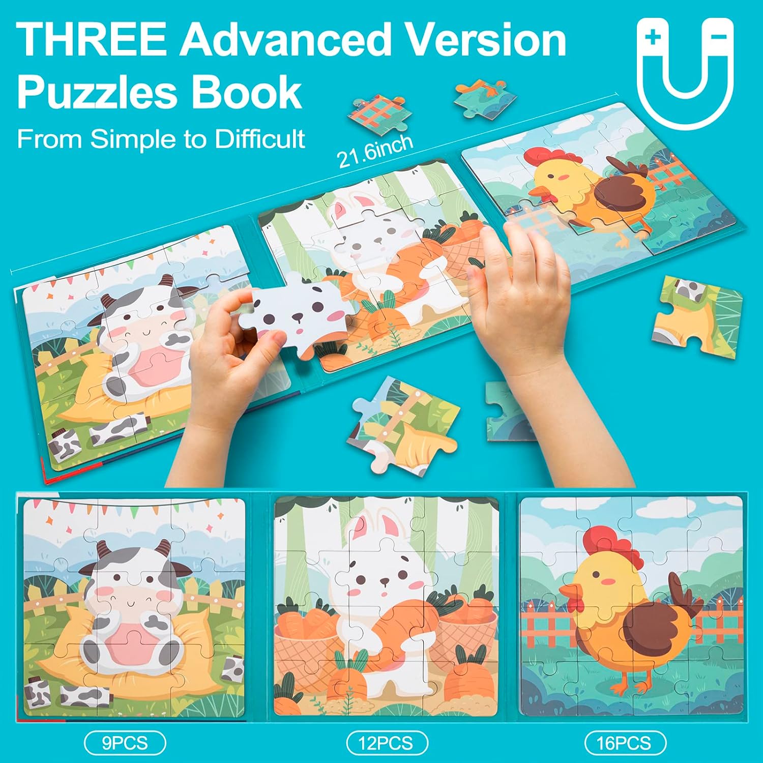 Magnetic Puzzles for Kids Ages 3 4 5 Years Advanced Animal Puzzles 9-12-16 Piece Jigsaw Puzzles for Toddlers Farm Preschool Magnetic Puzzles for Kids Car Trips