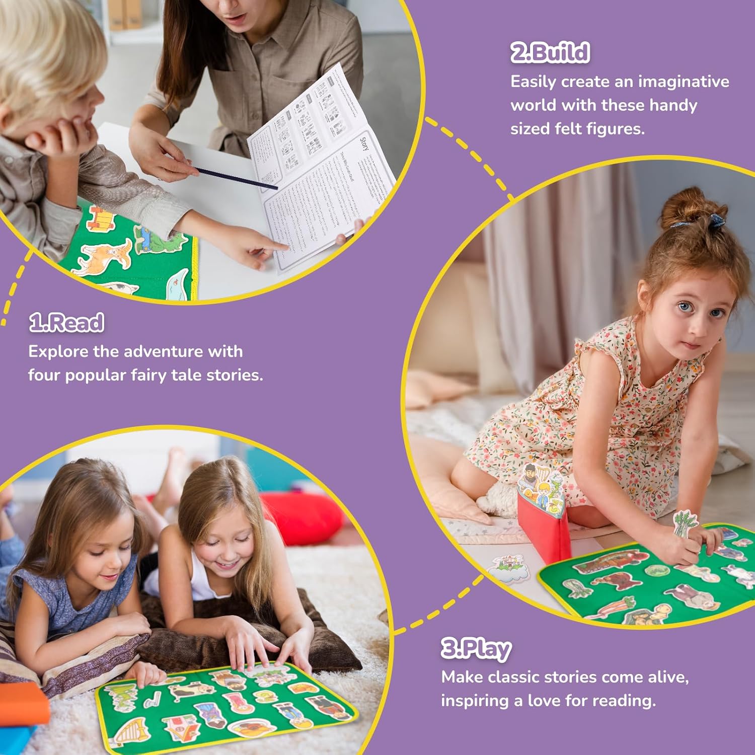 CHEFAN Felt/Flannel Board Story Set of 4, PRECUT Felt Pieces for Preschool Toddlers, Stone Soup, The Three Billy Goats Gruff, Jack and Beanstalk, The Boy Who Cried Wolf