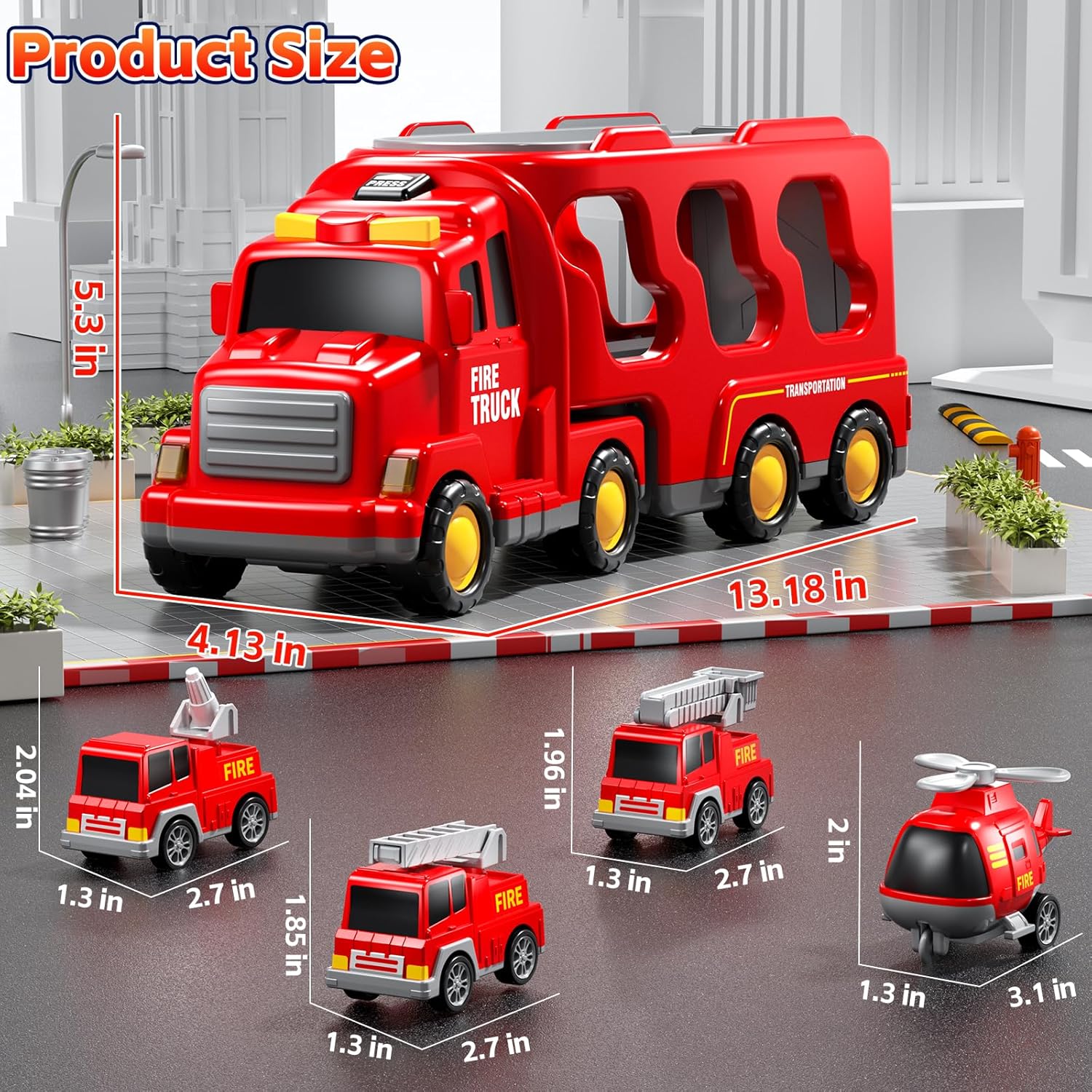 Fidtoy 5-in-1 Fire Truck Carrier Playset for Kids with Helicopter Ladder Truck Lights and Sounds