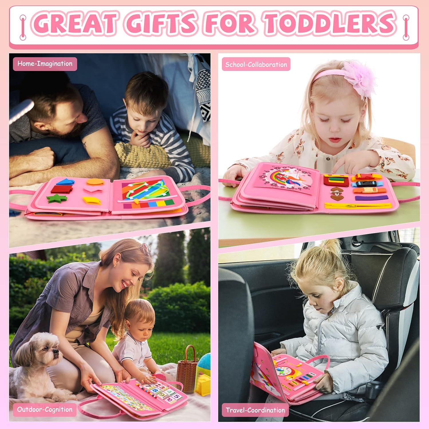 Busy Board Montessori Toys for 1-4 Year Old Toddler, Preschool Educational Learning Activities Developing Sensory Board for Fine Basic Dress Motor Skills/Travel Toys for Plane Car, Gift for Girls Boys