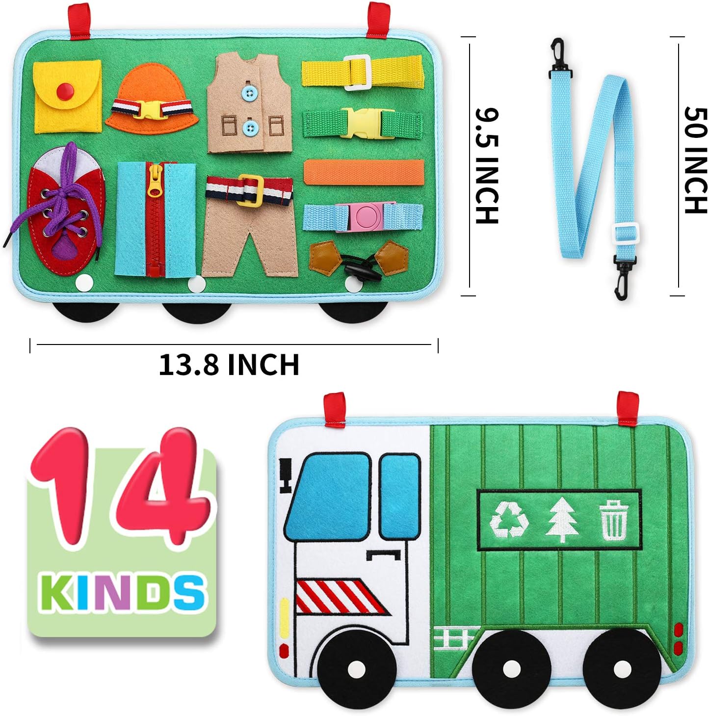 Toddler Busy Board, 14 in 1 Activity Board(Garbage Car Style), Montessori Sensory Toy for Fine Motor Skills, Learning Toy for Airplane or Car Travel, Preschool Educational Gift for Kids Boys Girls