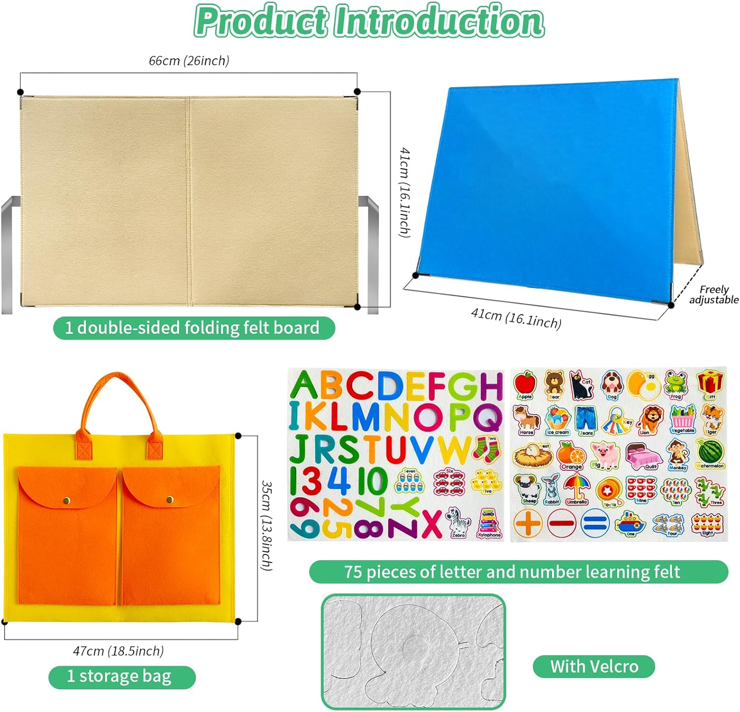 Foldable,Freestanding Felt Flannel Board Set for Toddlers,With 75 Felt Learning Letters Numbers Pieces,Double-Sided,With Storage Bag,for Parent-Child Story Time,Preschool,Classroom,Journey Time