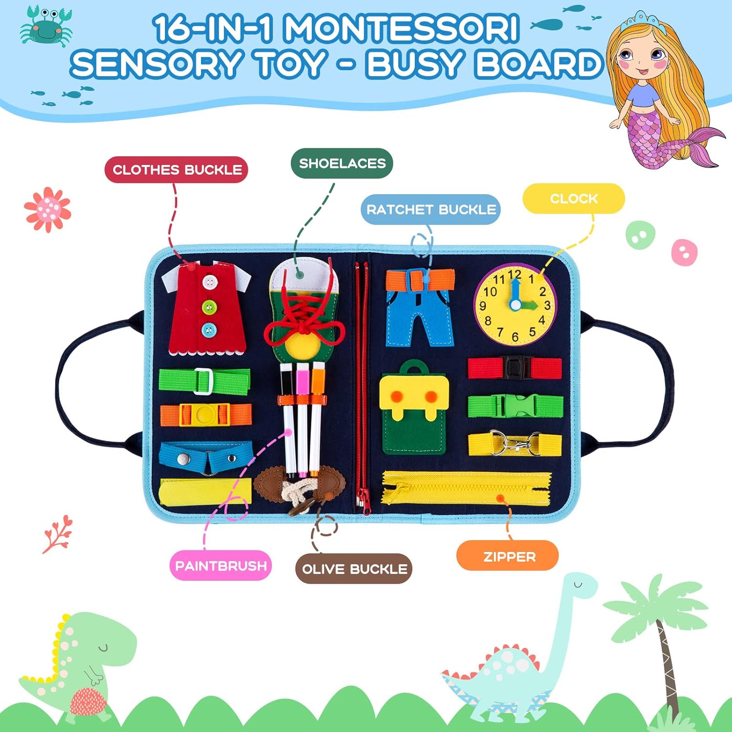 MAMPO Busy Board Montessori Toys for 1 2 3 4 Year Old Children, Learning Basic Skills Toddler Travel Toy with Alphabet & Matching Games, 16-in-1 Animal Theme Portable Busy Board