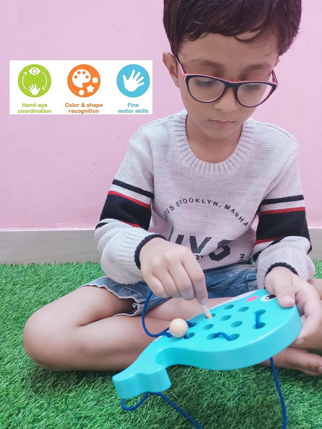 First Generation Wooden Lacing Blue Whale Threading Toys for 2 3 4 5 Years Old Toddlers Baby Kids Boys.