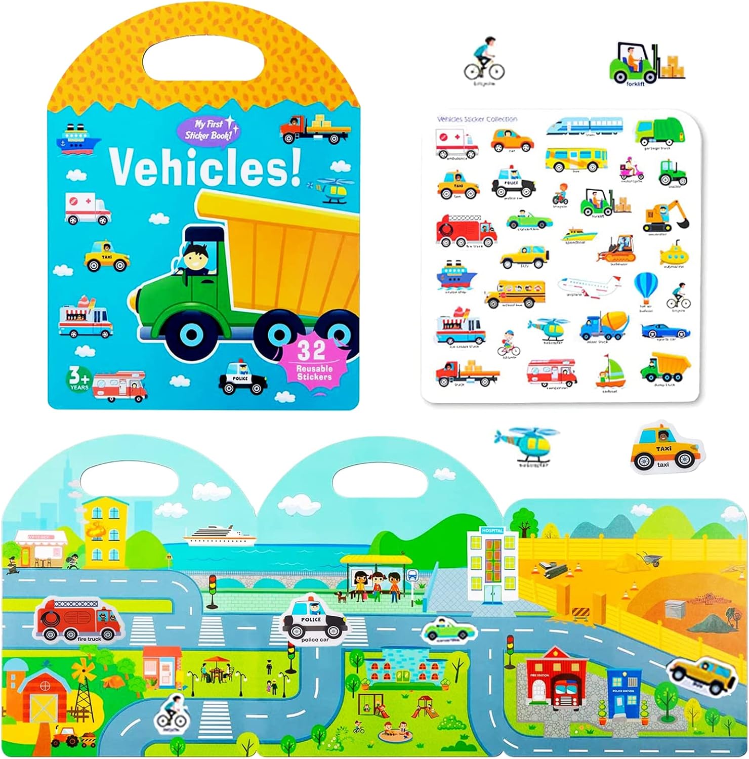 RUSON Portable Jelly Quiet Busy Sticker Book, Vehicles Reusable Books for Kids, Toddler Activity Book Preschool Learning Activities Educational Toys Girl Boy Age 2+ Birthday Gifts, 1-Vehicle, (D-411)