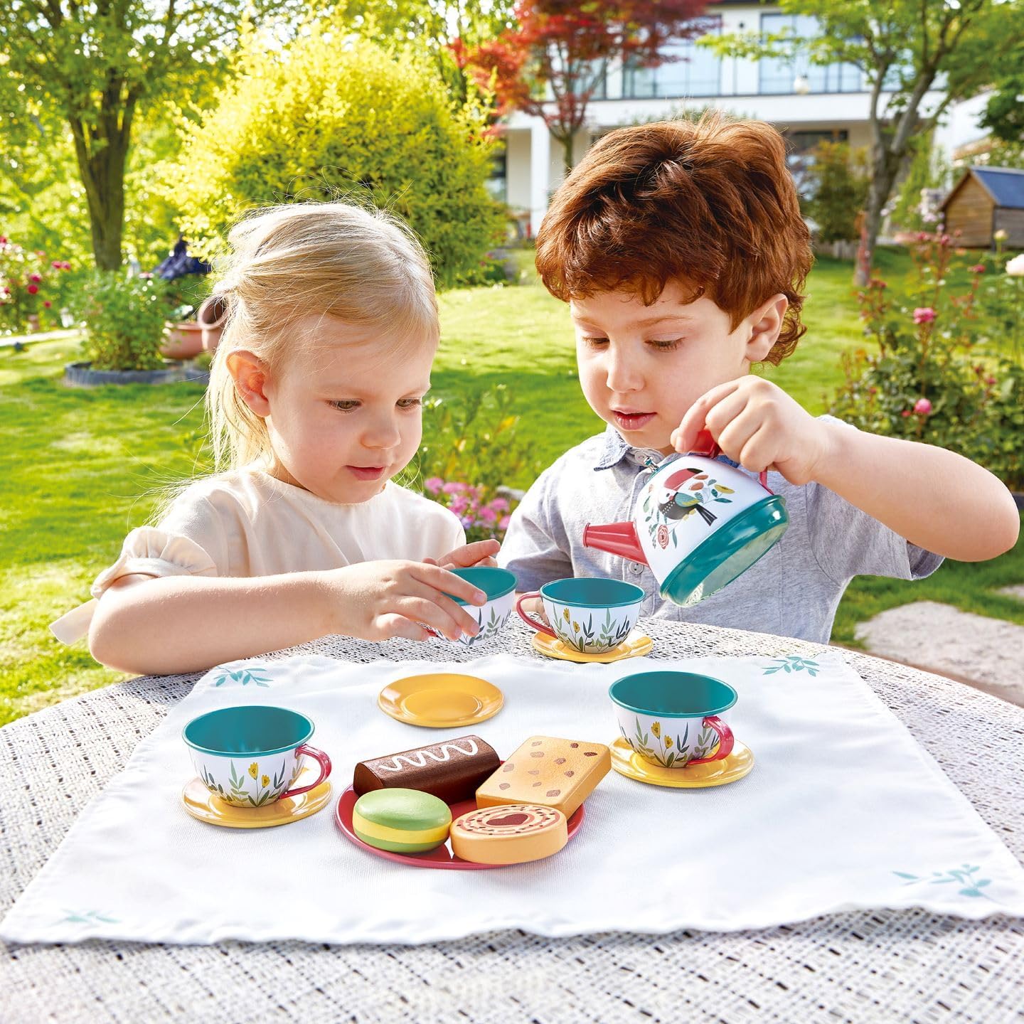Service à thé Fidtoy pour jeu d'imitation, jouet de pique-nique avec théière, tasses et biscuits