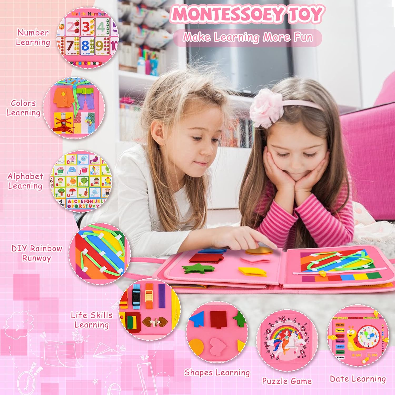 Busy Board Montessori Toys for 1-4 Year Old Toddler, Preschool Educational Learning Activities Developing Sensory Board for Fine Basic Dress Motor Skills/Travel Toys for Plane Car, Gift for Girls Boys