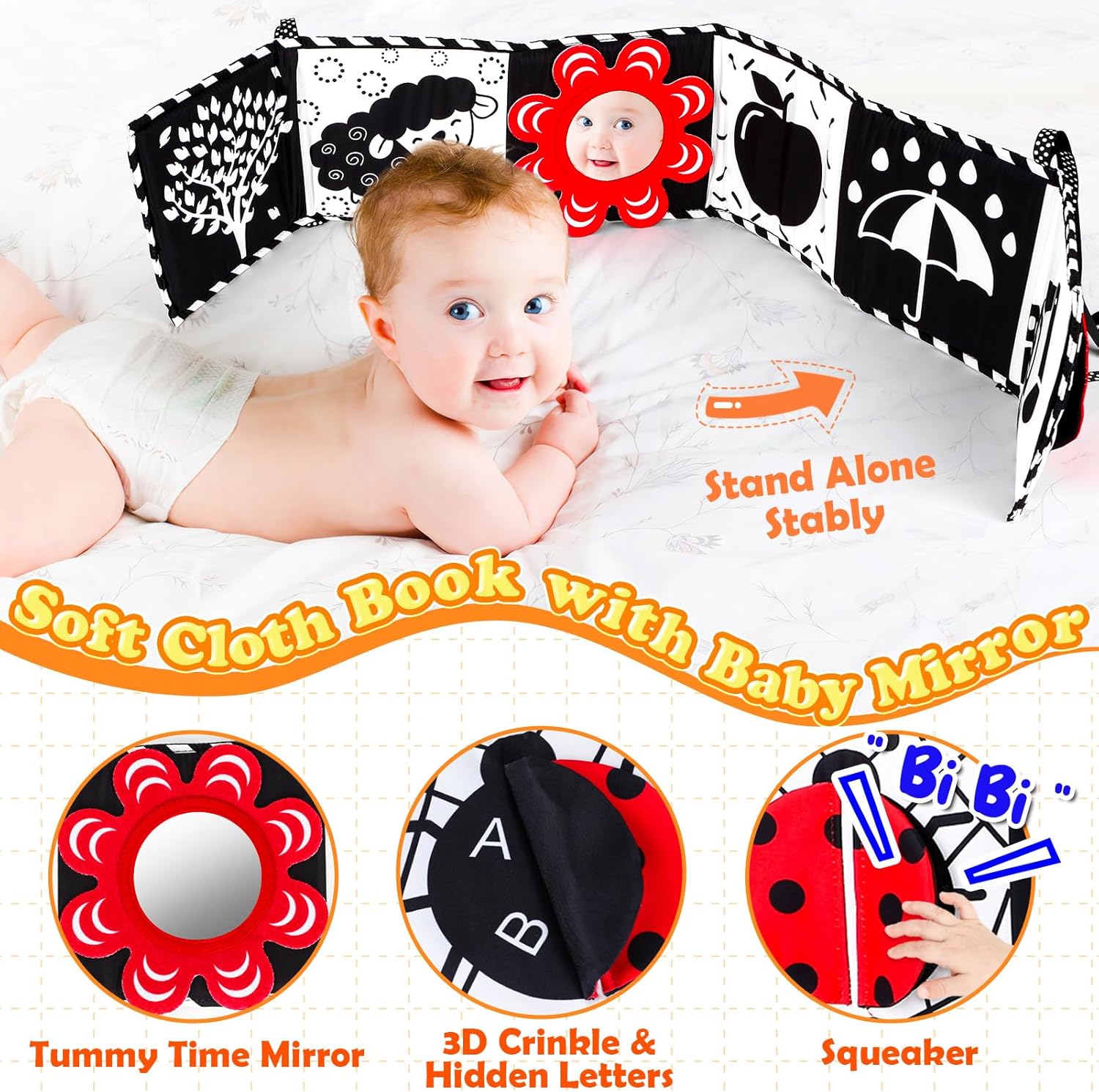Fidtoy High Contrast Baby Cloth Book for Newborns – Montessori Black and White Sensory Tummy Time Toy Set for 0-6 Months