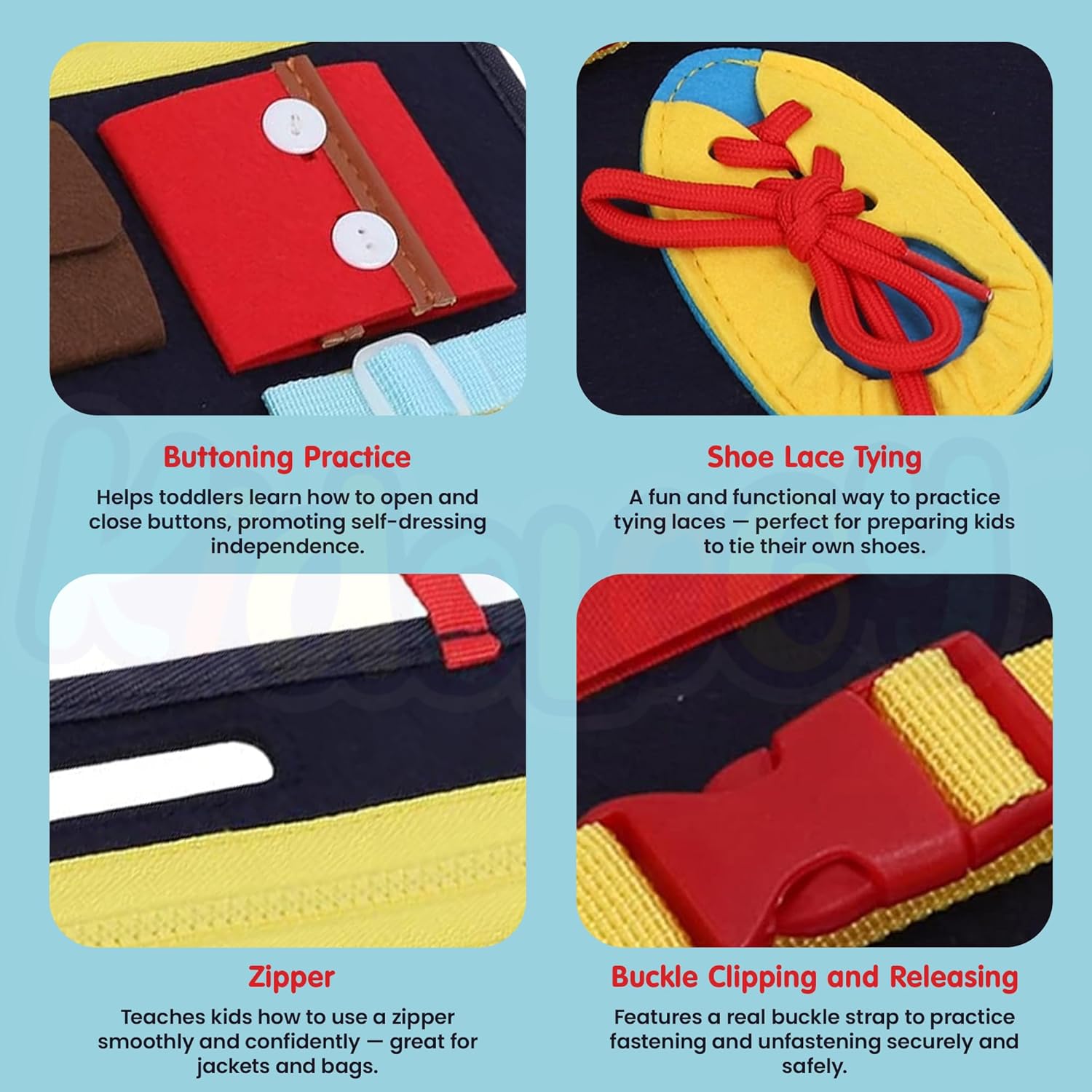 Kidology Montessori Busy Board for Kids– Educational Sensory Toy with Zippers, Buckles & Buttons | Fine Motor Skills Learning Activity Board for Kids | Creative Toys for Boys & Girls (Multicolor)