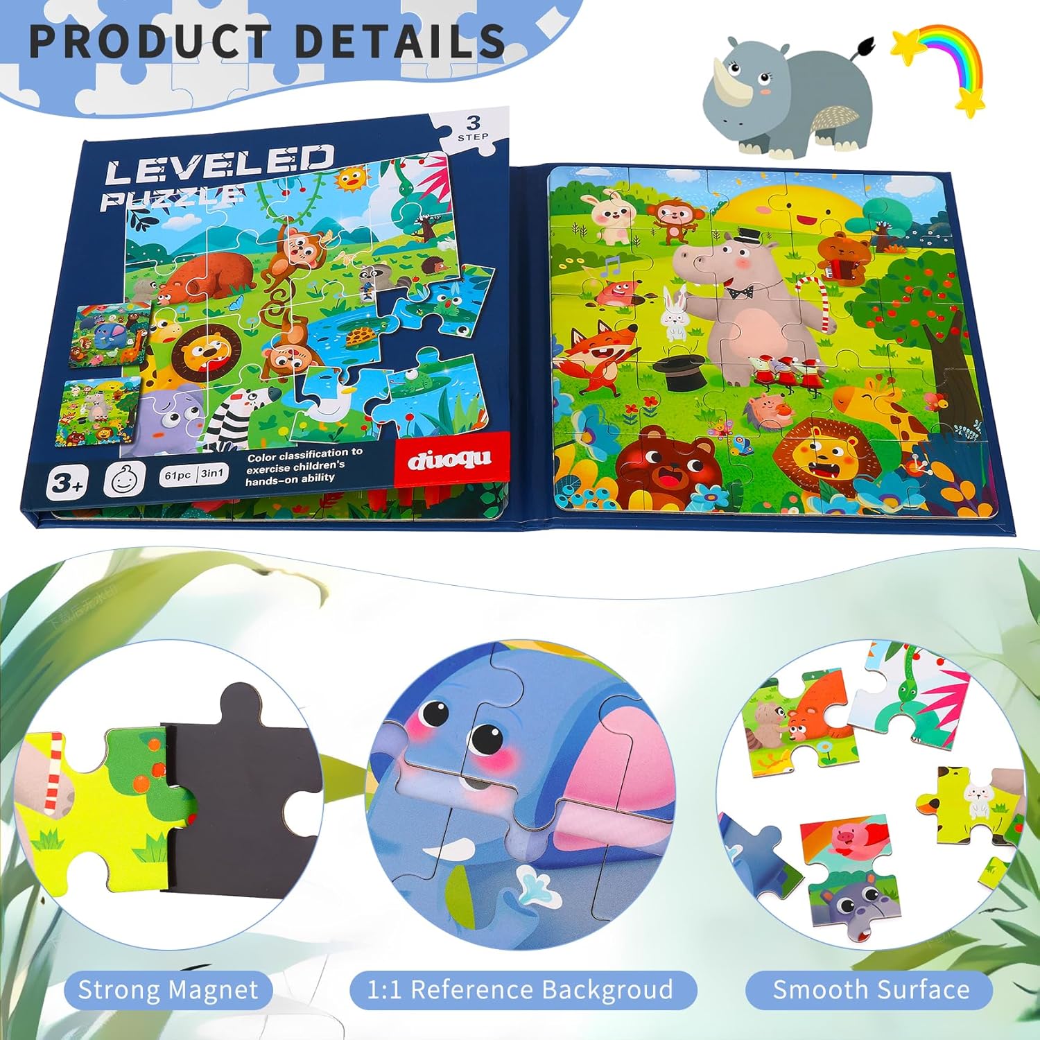 Magnetic Puzzles for kids Ages 4-8 - 3 in 1-75 Pieces Magnet Jigsaw Puzzle Book for Toddlers Ages 3-5 Magnetic Travel Puzzle Board Activities Toy for Boys and Girls (Animals)