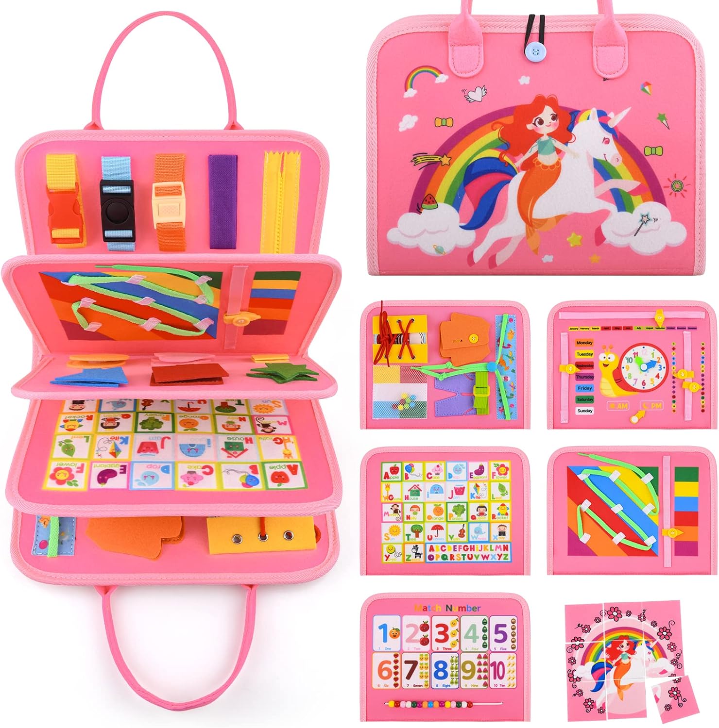 Busy Board Montessori Toys for 1-4 Year Old Toddler, Preschool Educational Learning Activities Developing Sensory Board for Fine Basic Dress Motor Skills/Travel Toys for Plane Car, Gift for Girls Boys