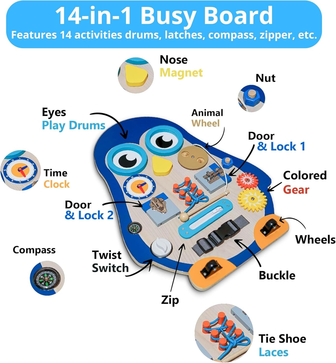 Montessori Large Busy Board for Toddlers 1 2 3 4 Years Old Kids Boys Girls, Wooden Sensory Toys, Preschool Learning Activities for Fine Motor Skills, Basic Life Skills, Educational, Penguin Gifts