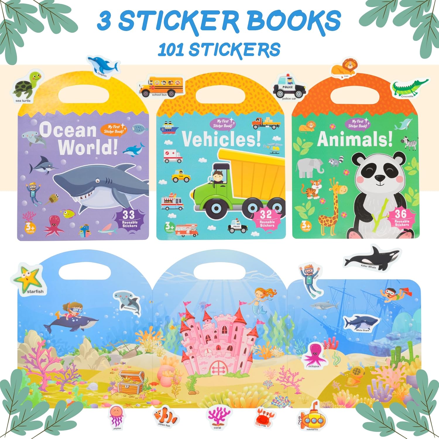 Play N Teach Sticker Book for Kids 3-Pack (101 Stickers: Animals, Vehicles, Ocean World) Reusable Puffy Stickers for Kids Perfect for Travel and Learning