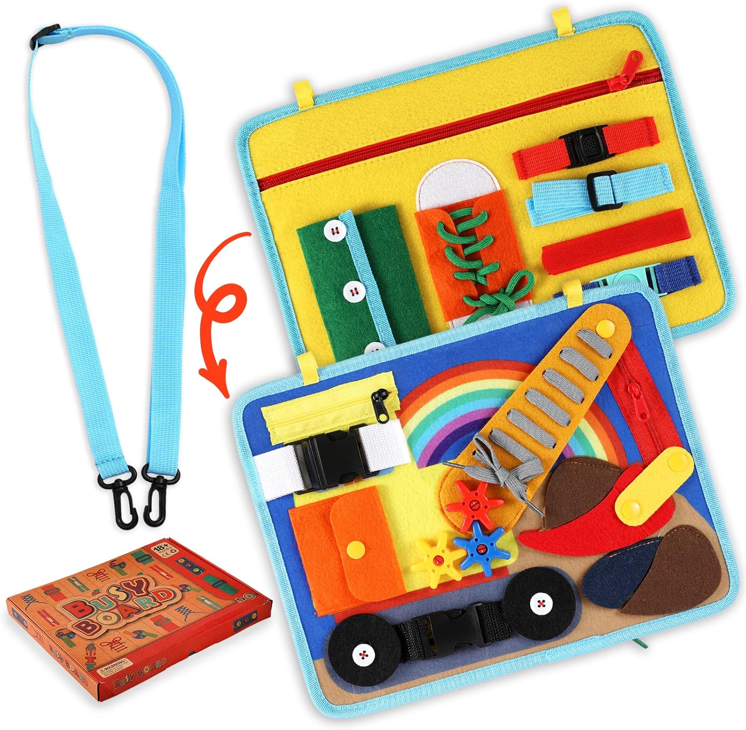 Tabla ocupada para niños pequeños de 1 a 3 o 2 a 4 años, juguete educativo Montessori, habilidades básicas para la vida y actividad motriz fina para niños, aprender a vestir juguete sensorial como avión o juego de viaje en coche