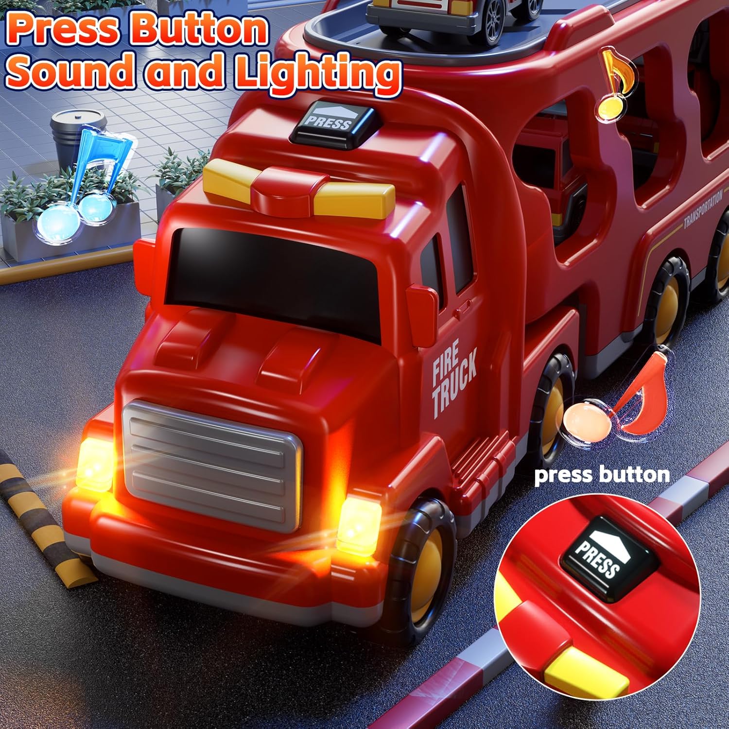 Fidtoy 5-in-1 Fire Truck Carrier Playset for Kids with Helicopter Ladder Truck Lights and Sounds