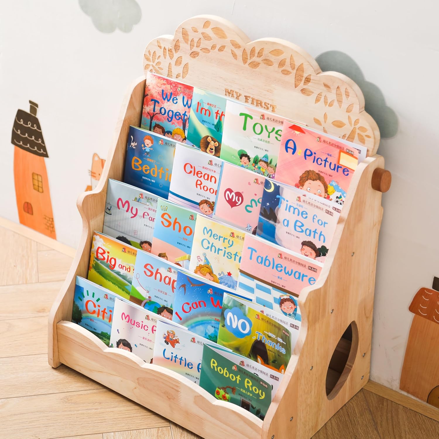 WOODEN TEETHER 5-Tier Montessori Bookshelf for Kids - Durable Rubber Wood Bookcase with Chalkboard & Storage - Display Rack for Nursery & Kids Room