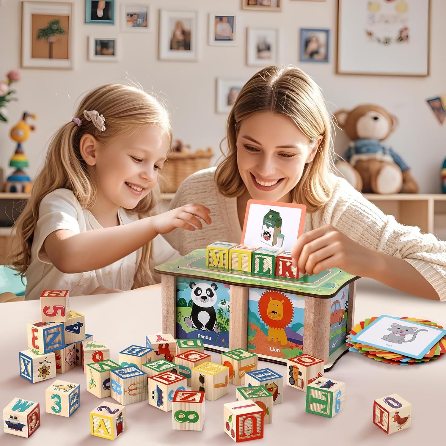 Caja de bloques de construcción de palabras de madera con tarjetas - 581