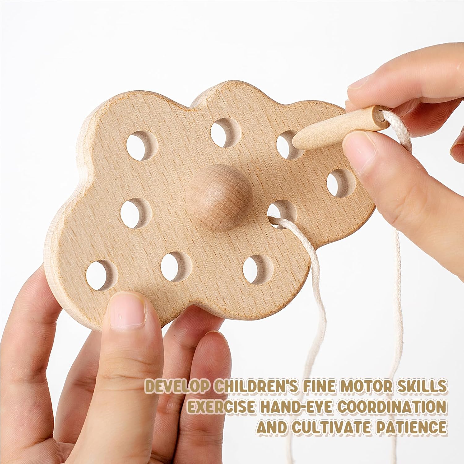 FlameFlash Wooden Lacing Toys for Toddlers 1-3 Solid Wood Threading Toys, Moon/Stars/Cloud Quiet Toddler Toys for Airplane Travel Fine Motor Skills Sensory Toys for 2 3 4 Year Old (Natural Wood)