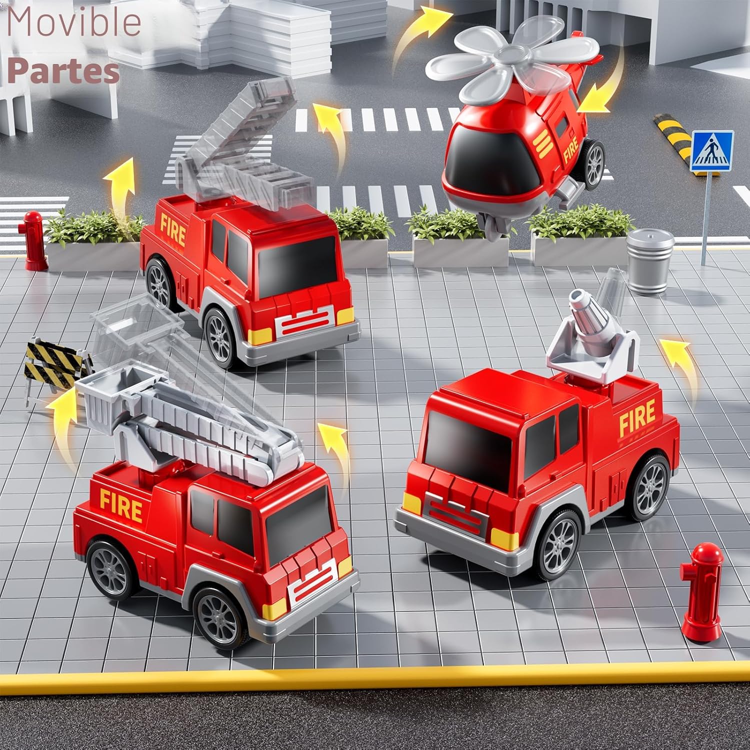 Fidtoy 5-in-1 Fire Truck Carrier Playset for Kids with Helicopter Ladder Truck Lights and Sounds