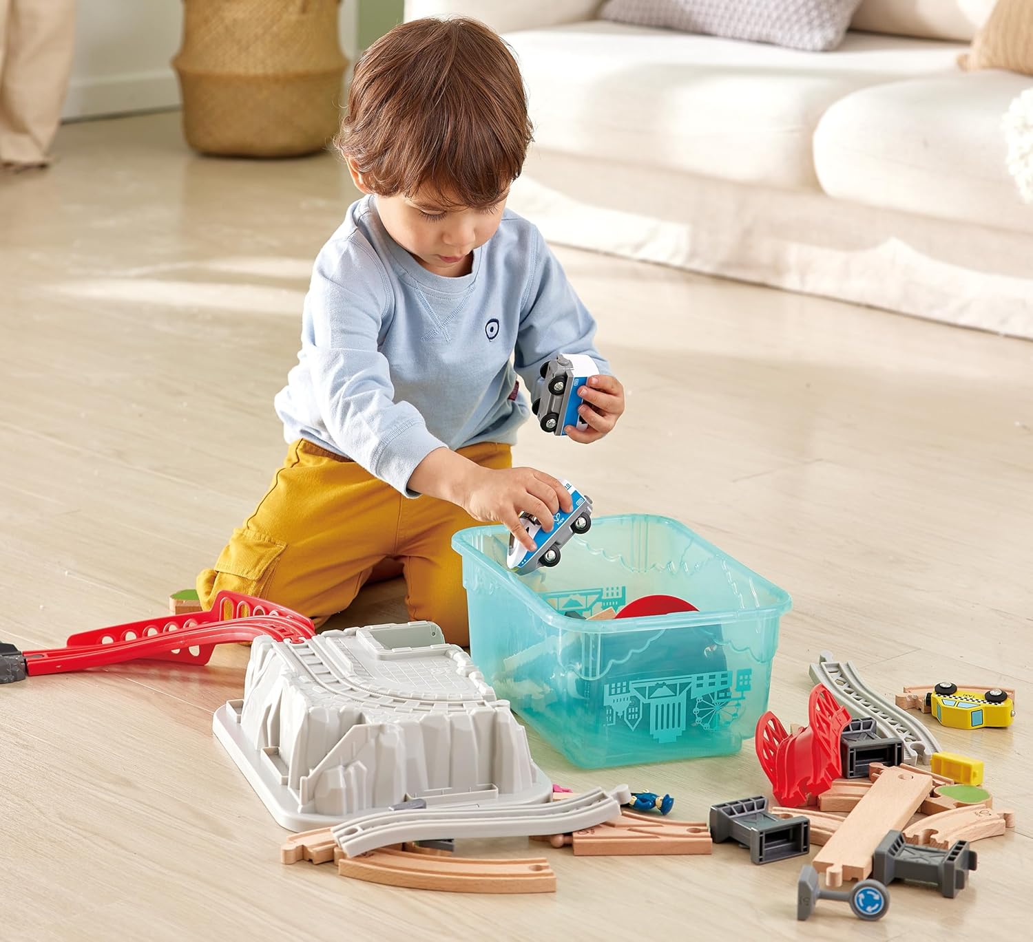 Fidtoy Wooden City Train Set with Storage Bucket Railway Toy