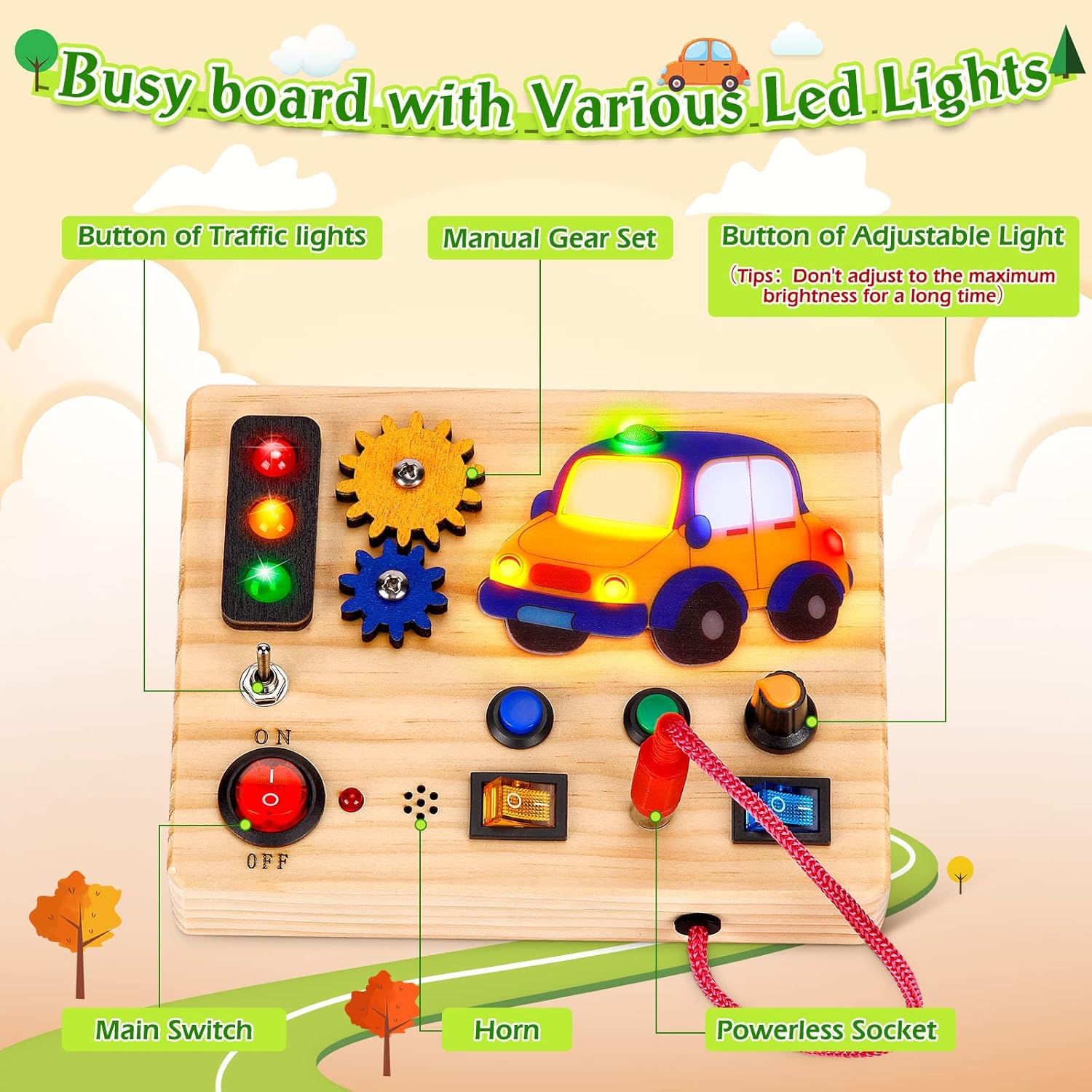 Auney Wooden Montessori Busy Board,Sensory Toys with Light up LED and Sounds Buttons