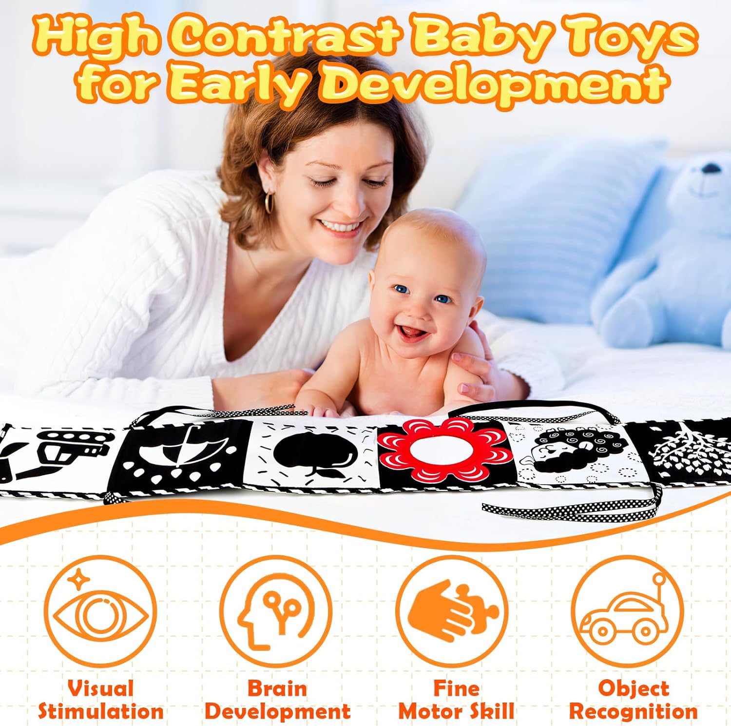 Fidtoy High Contrast Baby Cloth Book for Newborns – Montessori Black and White Sensory Tummy Time Toy Set for 0-6 Months