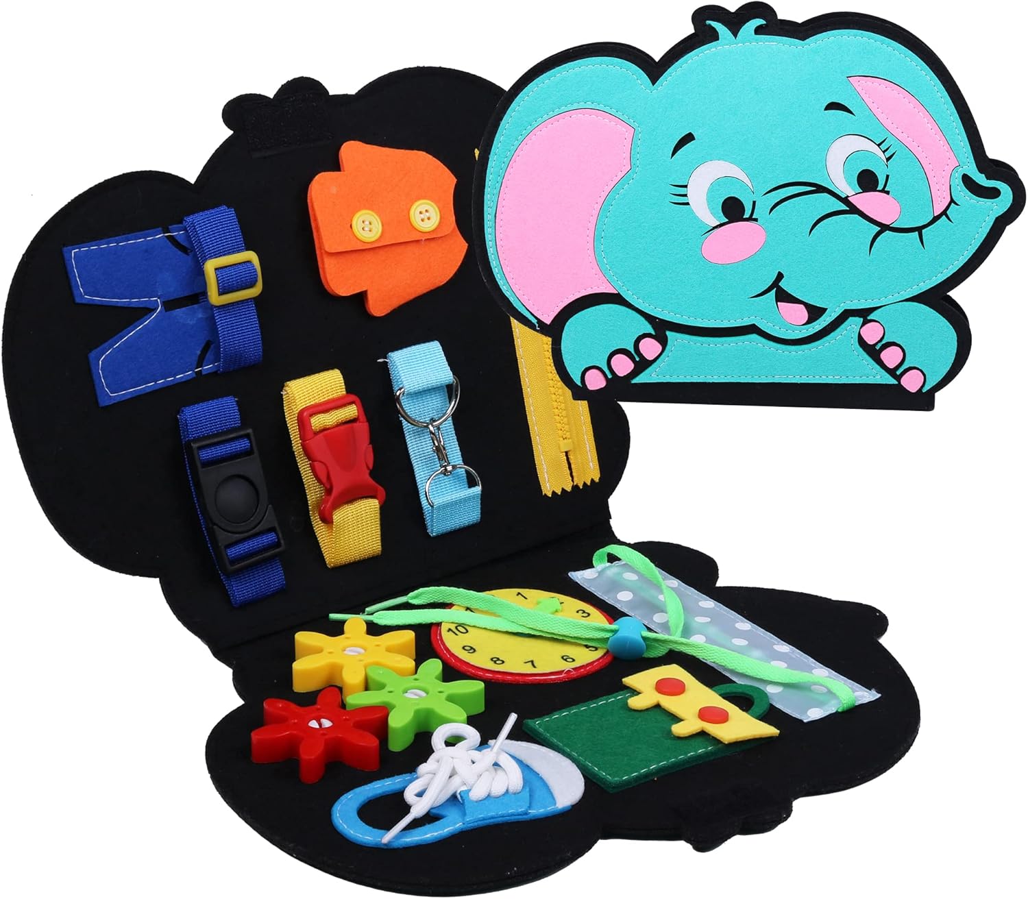 ALLABC Busy Board Montessori Juguetes para niños pequeños, juguete de tabla de actividades sensoriales de elefante, libro silencioso, aprendizaje educativo de viaje, desarrollo preescolar, habilidades motoras juguetes para niños y niñas (elefante)