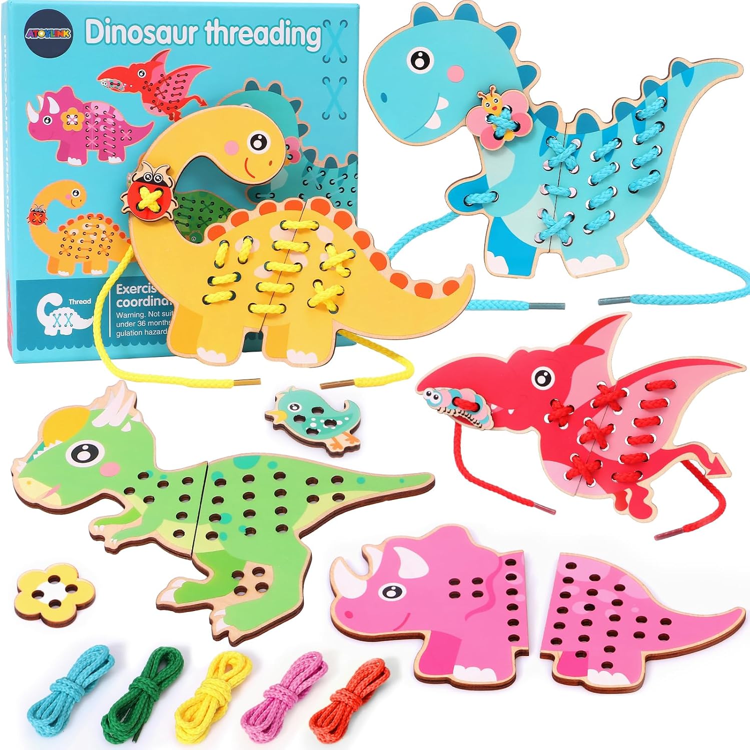 Fidtoy Wooden Dinosaur Threading Toy for Kids | Montessori Lacing Cards, Hand-Eye Coordination, Fine Motor Skills & Preschool Sewing Activity Toy Age 2-6