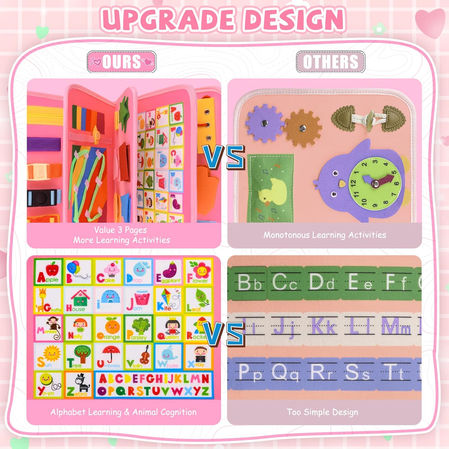 Busy Board Montessori Toys for 1-4 Year Old Toddler, Preschool Educational Learning Activities Developing Sensory Board for Fine Basic Dress Motor Skills/Travel Toys for Plane Car, Gift for Girls Boys